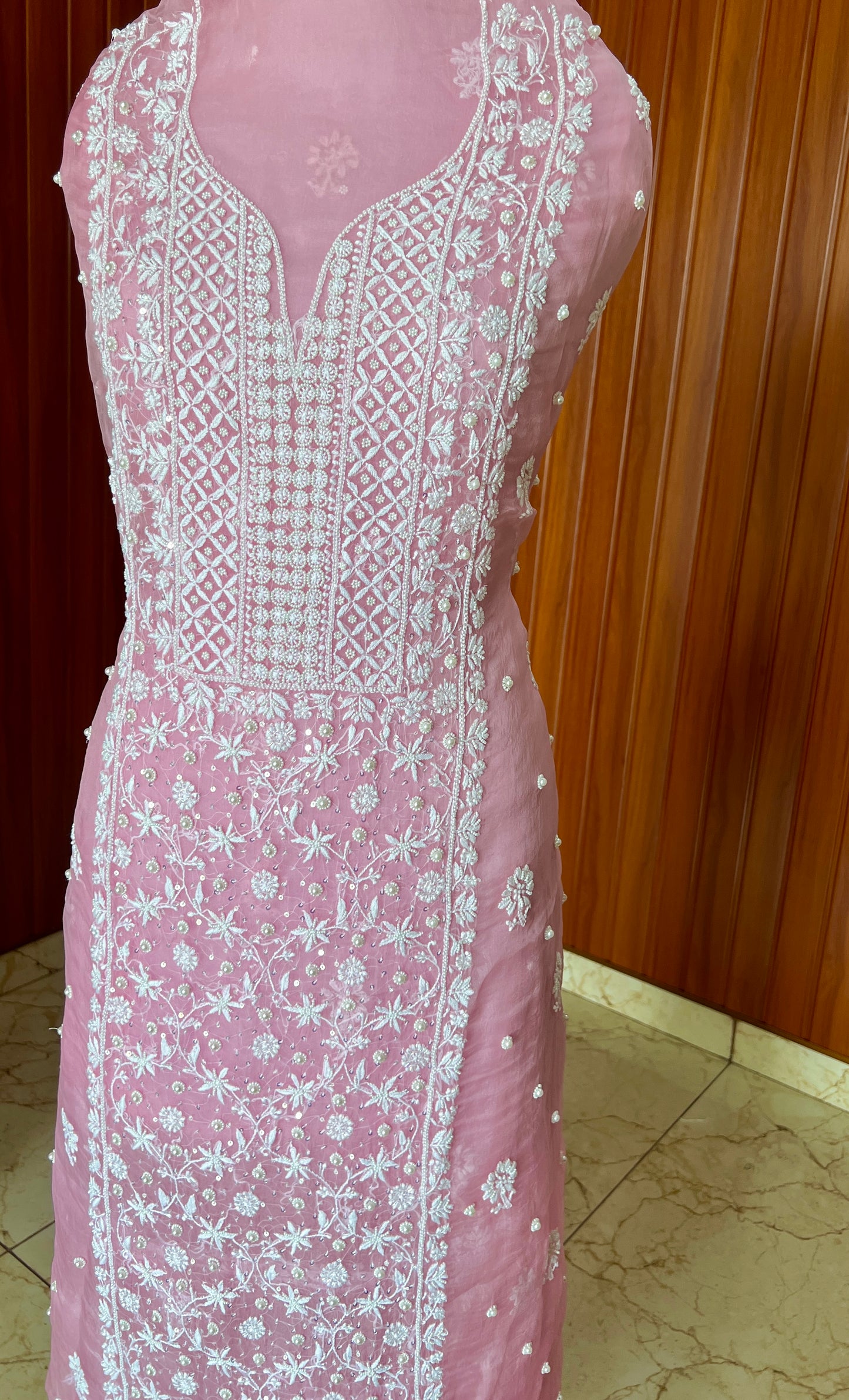 Pink Chikankari and pearl work pure Organza kurta with dupatta