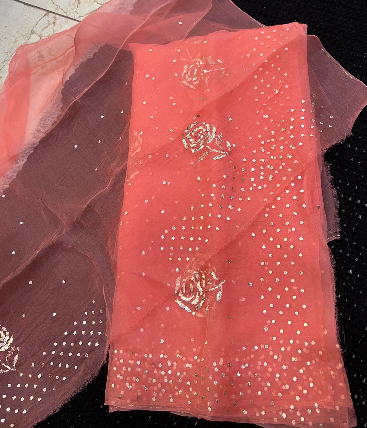 Coral Orange Pure Organza Saree with Badla and Mukaish Work