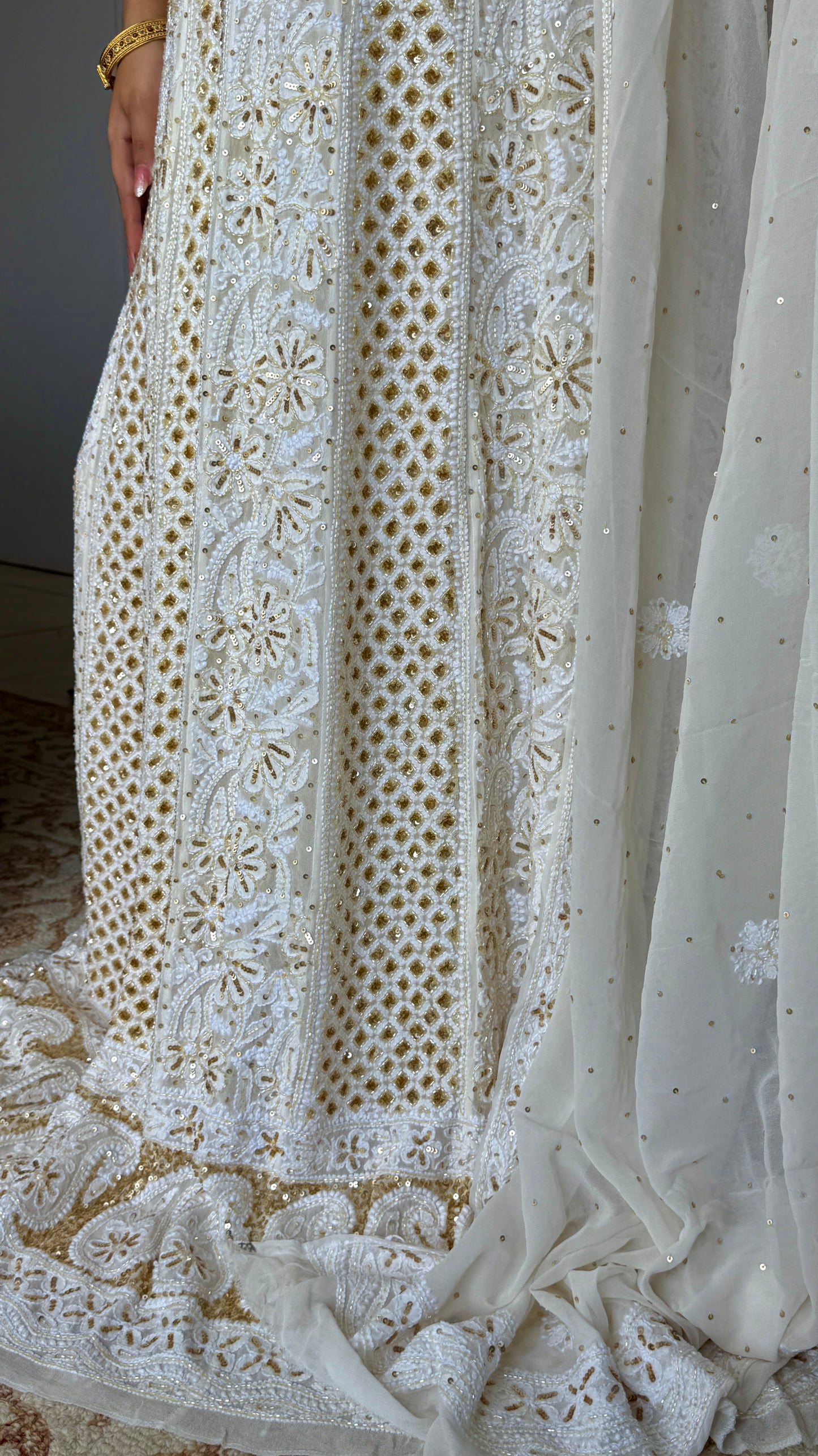 Ruhani Ivory Chikankari Sequins and Cut Dana Anarkali