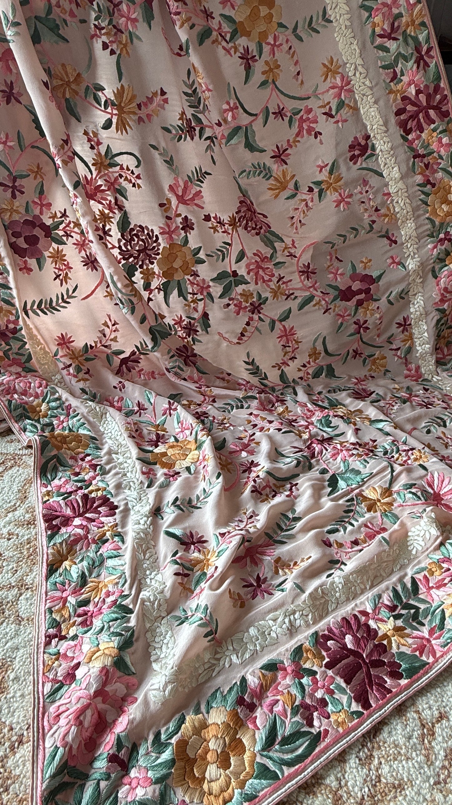 Blush Peach floral Masterpiece Parsi Gara Pure Crepe Saree