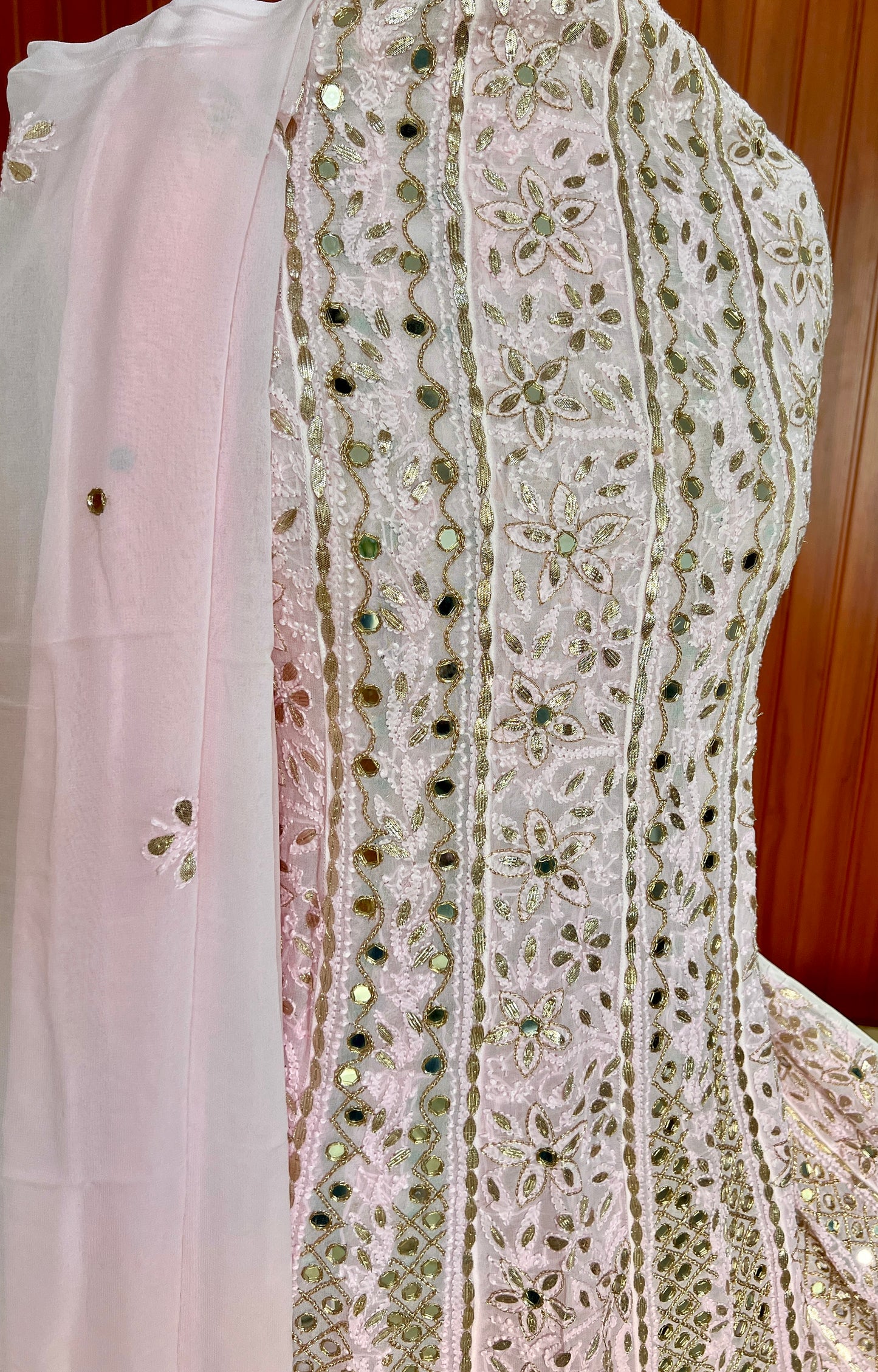 Pink Chikankari Mirror Gota Patti Anarkali with Dupatta