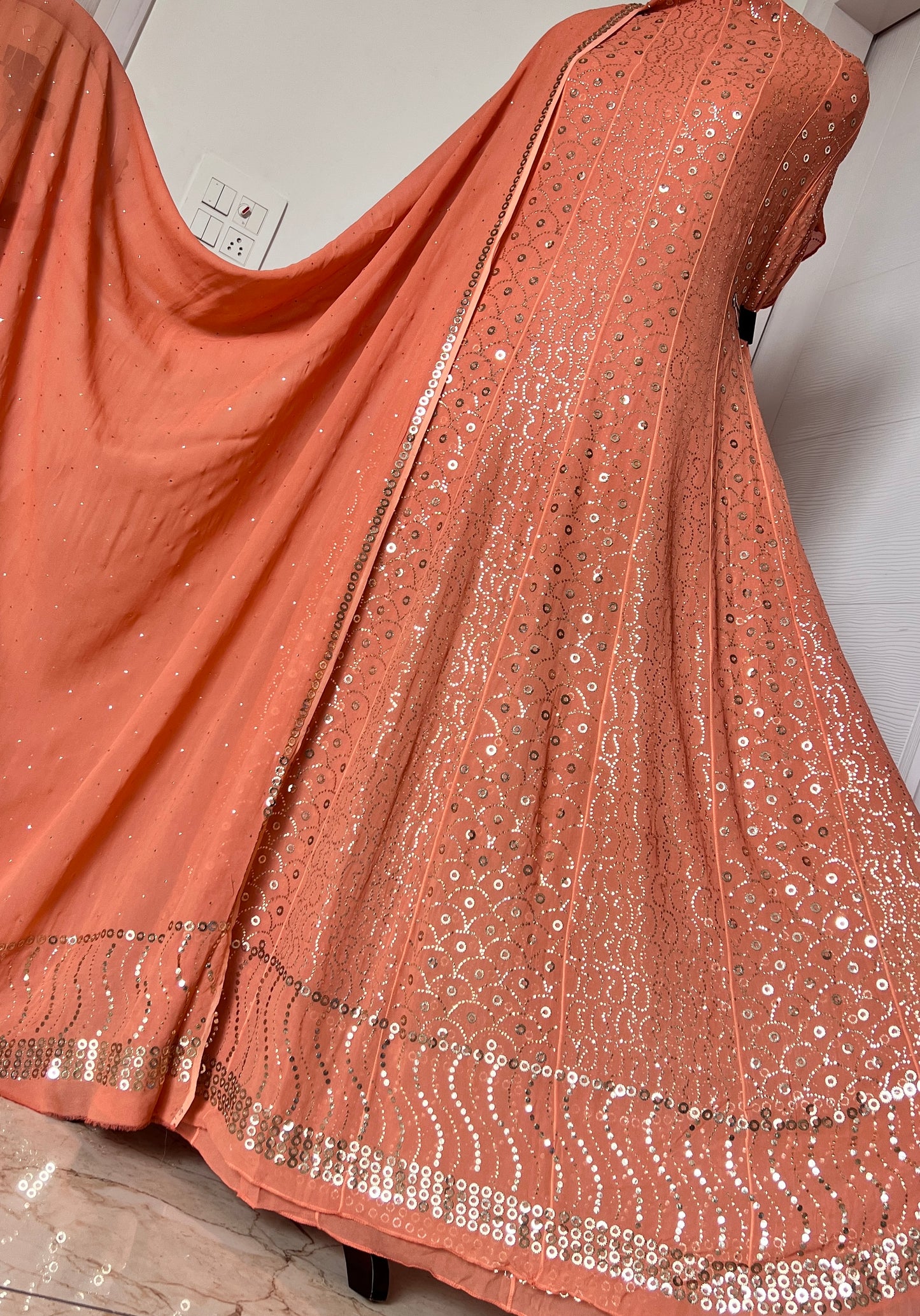 Old Rose Peach designer Mukaish Georgette Anarkali with Dupatta