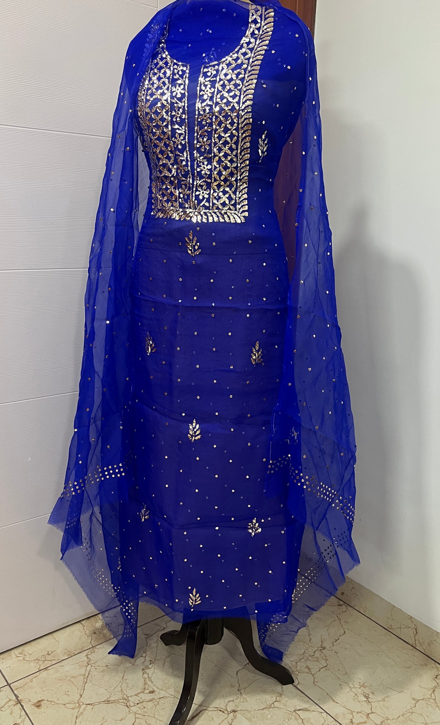 Azure Blue Badla and Mukaish work pure Organza kurta with dupatta