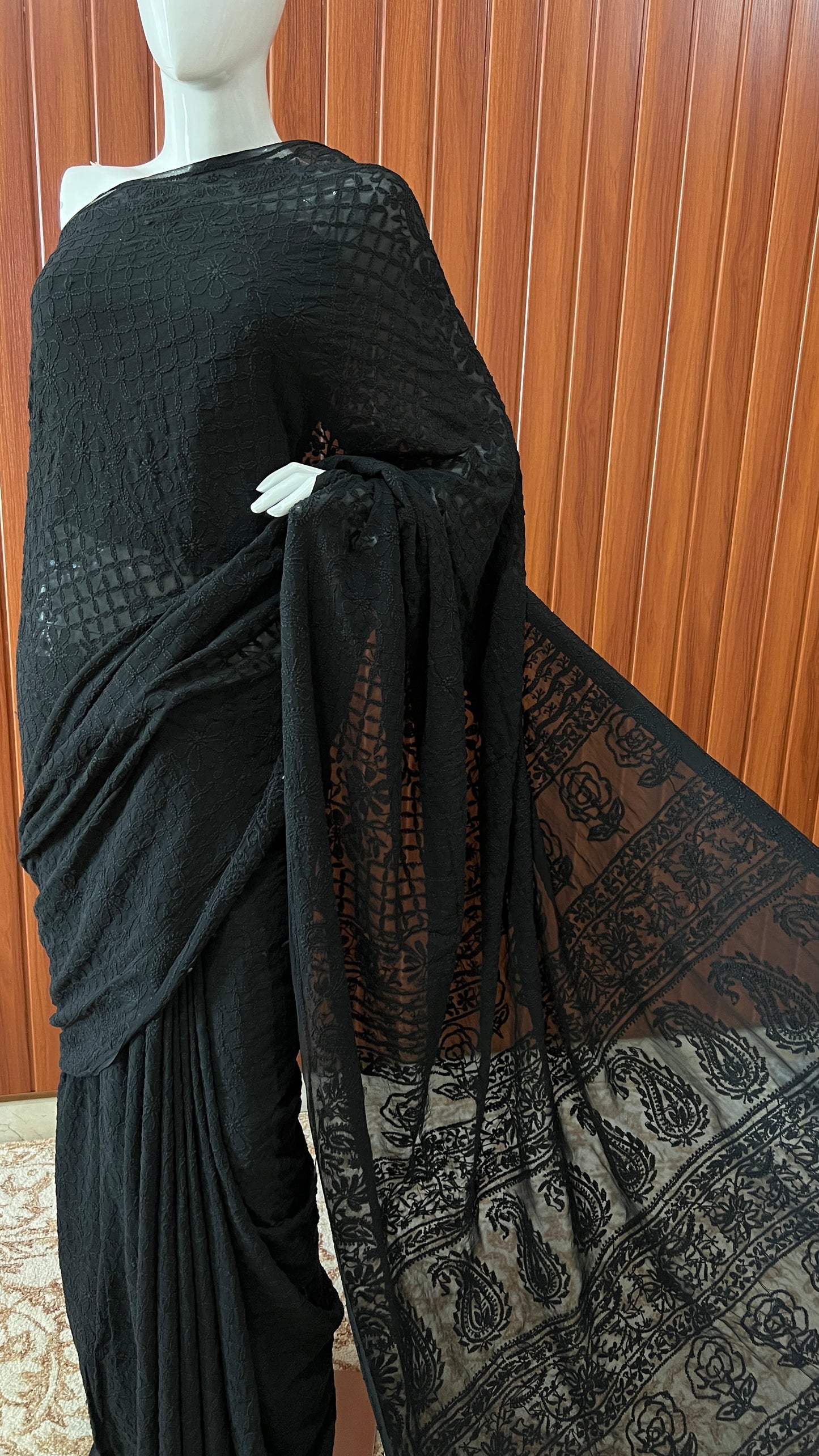 Ruhani Black fine Chikankari Hand Embroidered Saree