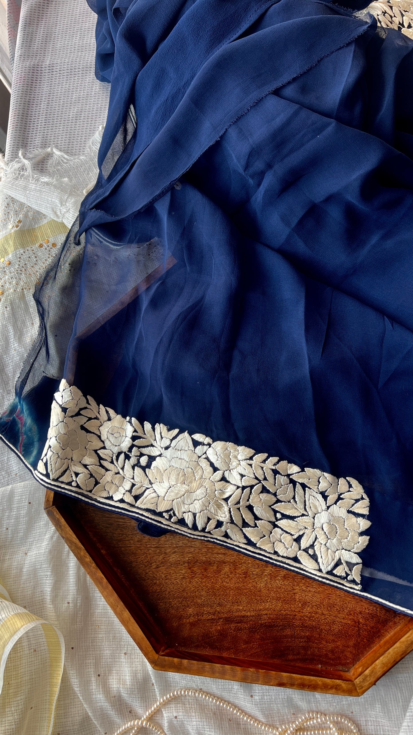 Navy Blue Pure Georgette Parsi Gara Hand Embroidered Saree