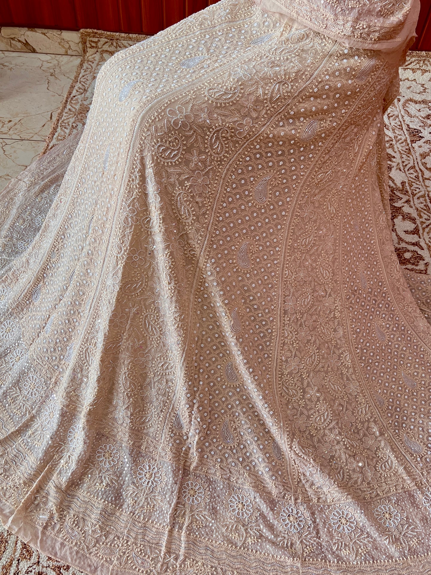 Ruhani Golden Beige Chikankari Cut Dana Pearl Sequins Wedding Lehenga