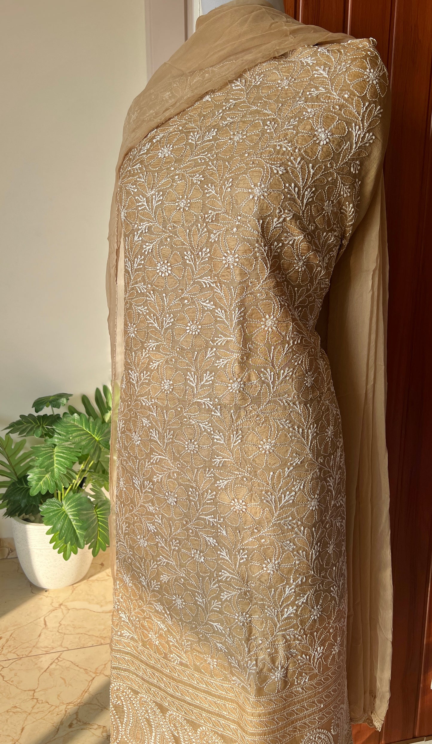 Tussar silk Chikankari embroidered kurta with chiffon dupatta