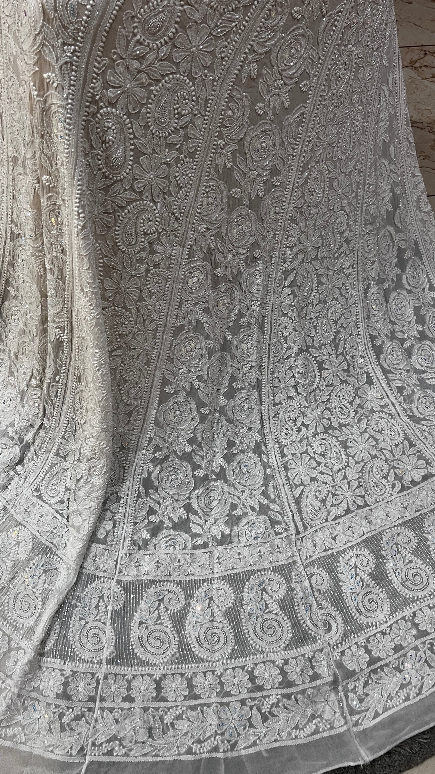 Ruhani White Chikankari Cut Dana Pearl Sequins Wedding Lehenga
