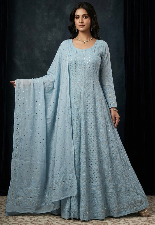 Sky Blue allover Chikankari and mukaish anarkali with dupatta