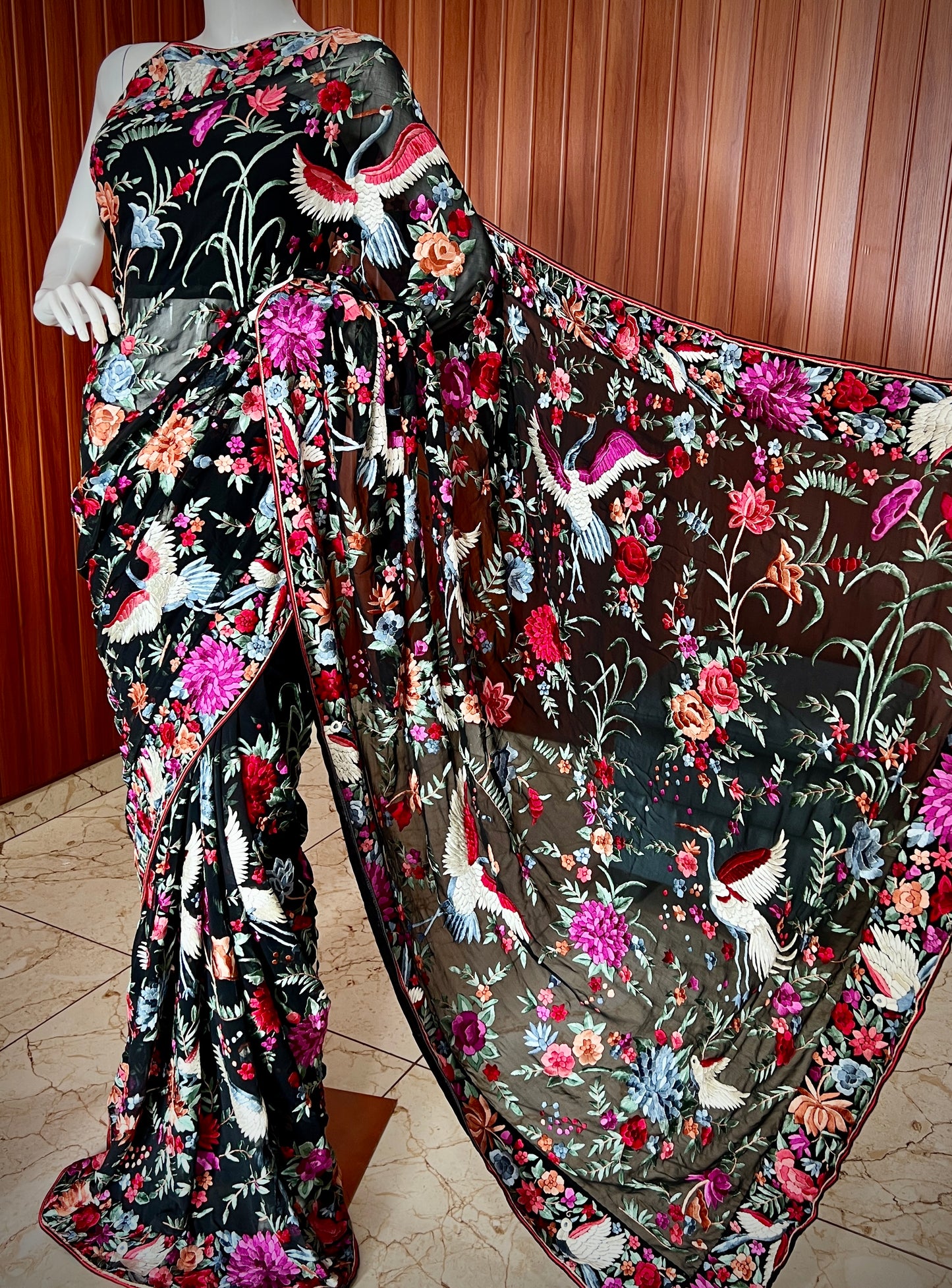 Black Masterpiece Parsi Gara Pure Georgette Saree