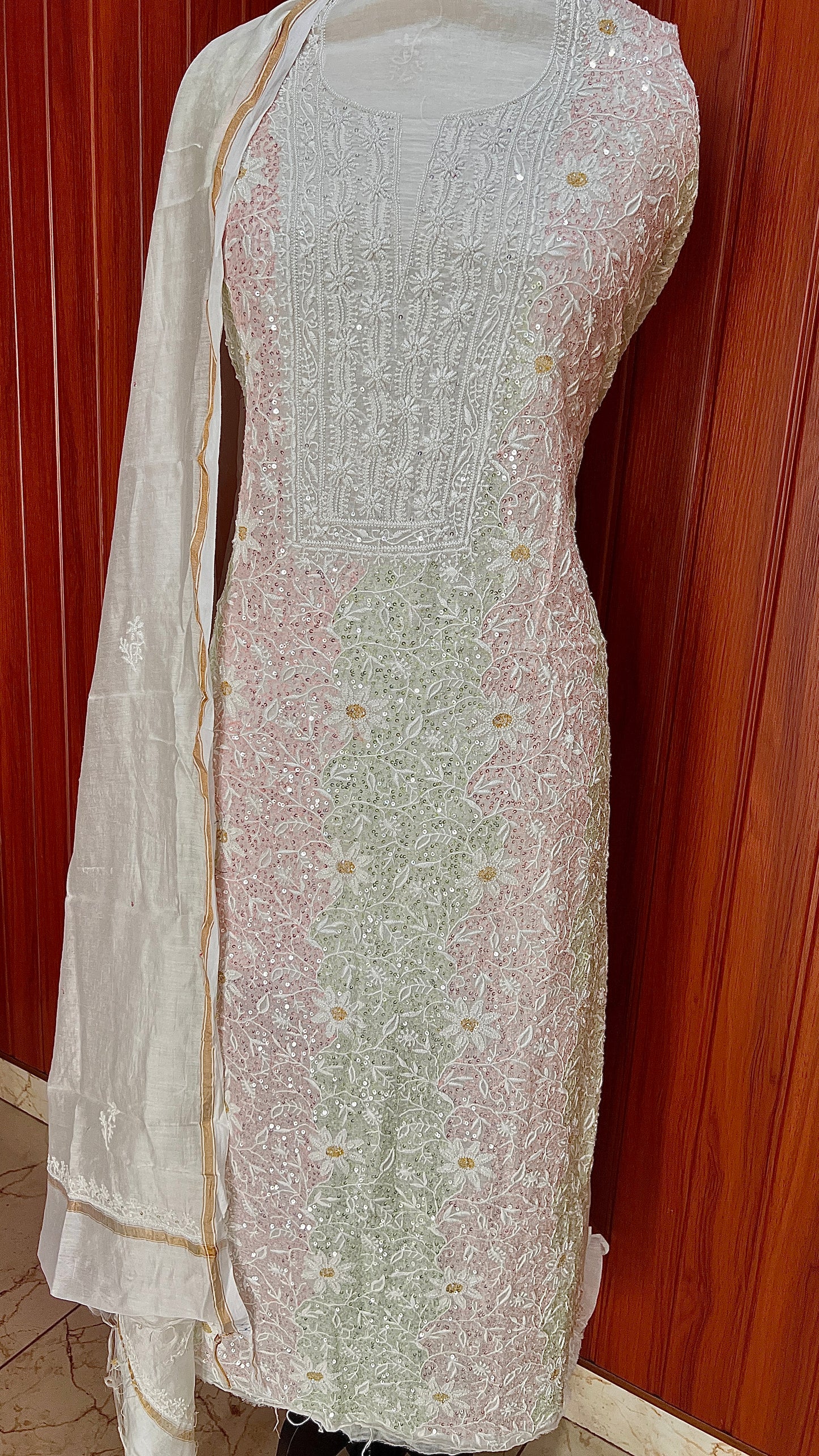 Multicolored chikankari and sequins Mulmul Kurta with Dupatta