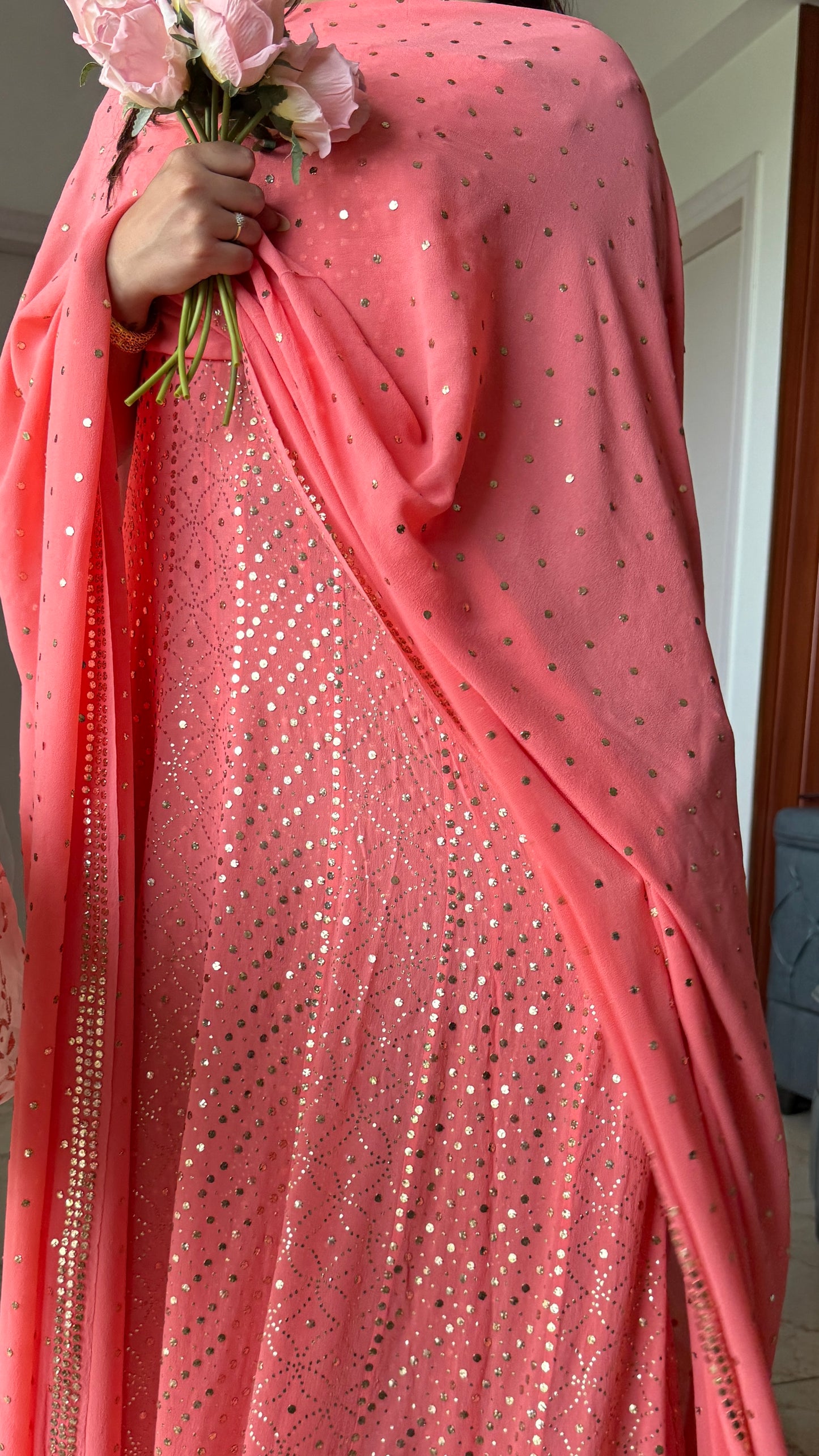 Ruhani Coral Pink Allover Designer Mukaish Pure Georgette Anarkali with Dupatta