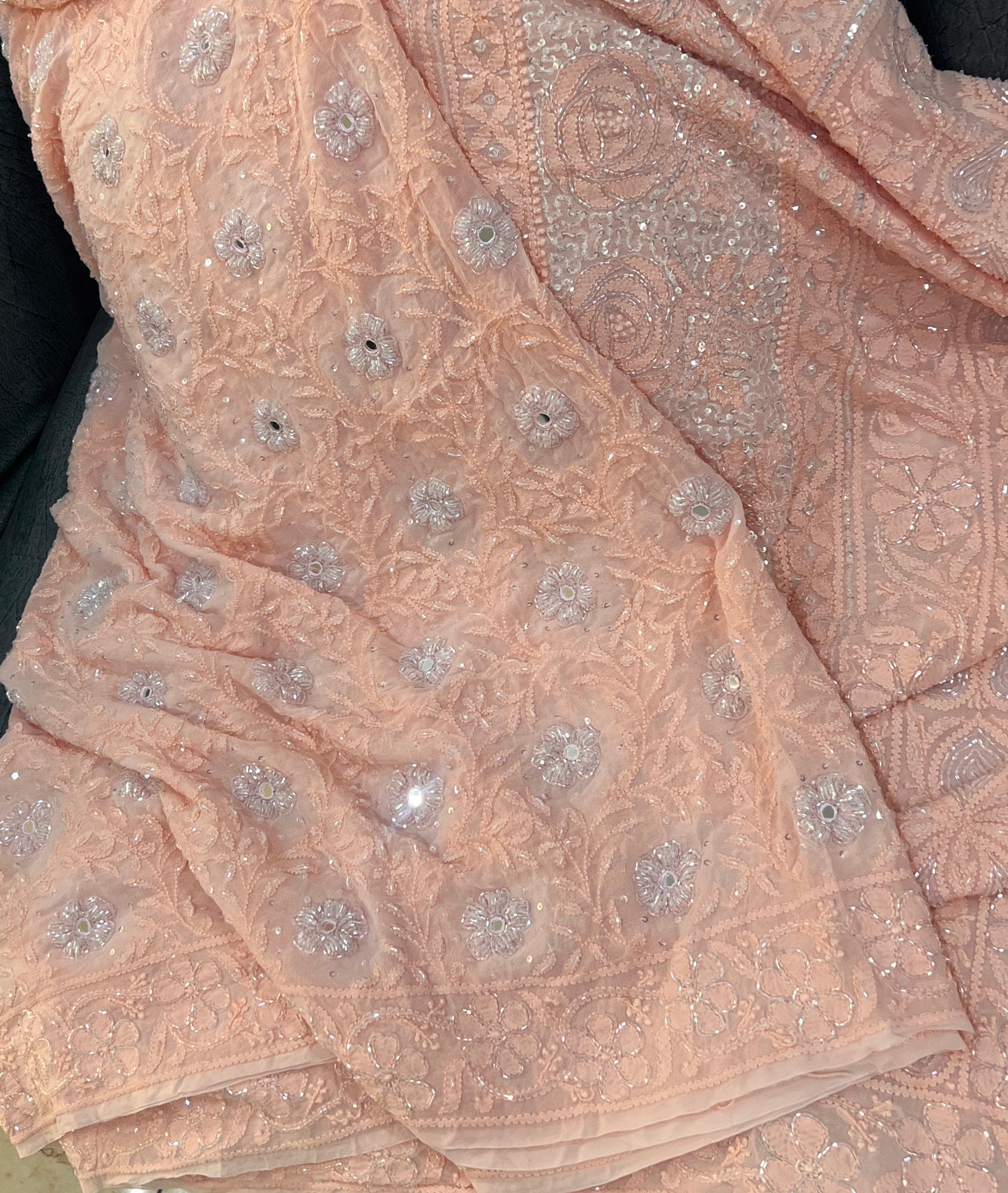 Ruhani Pretty Peach Chikankari Cut Dana and Sequins Masterpiece Saree