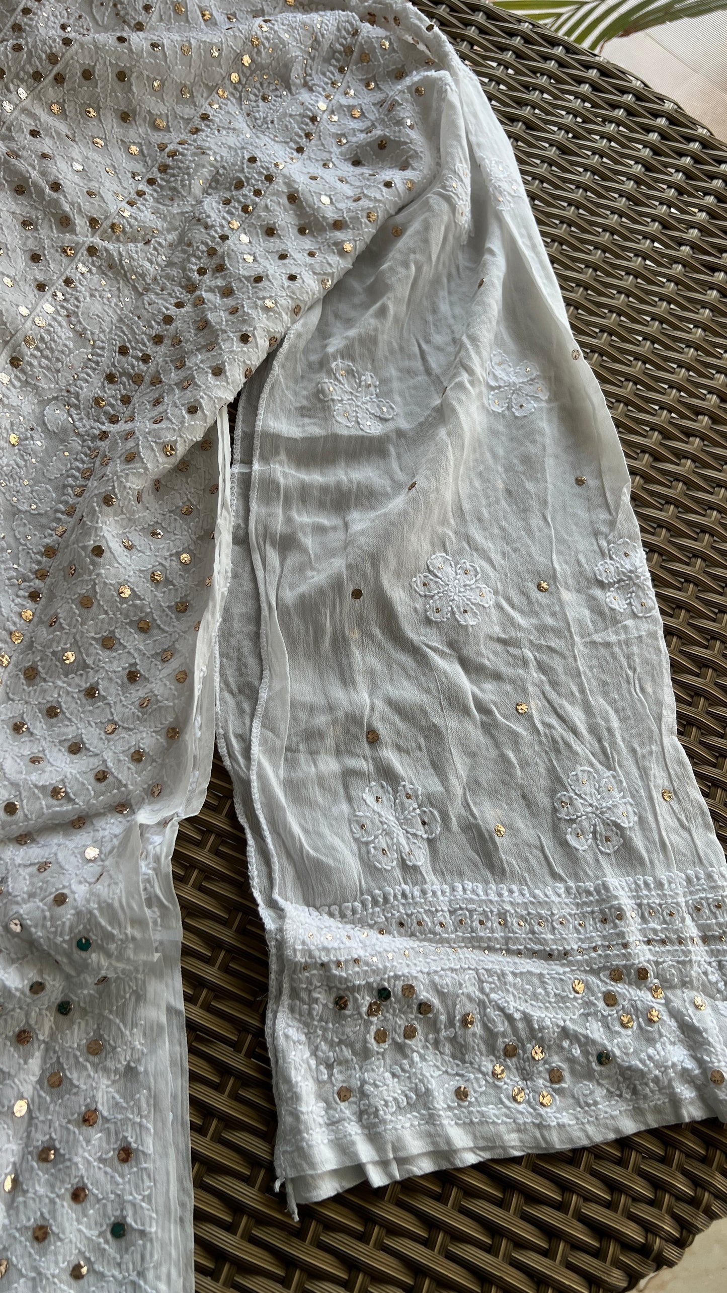 White allover Chikankari and mukaish anarkali with dupatta