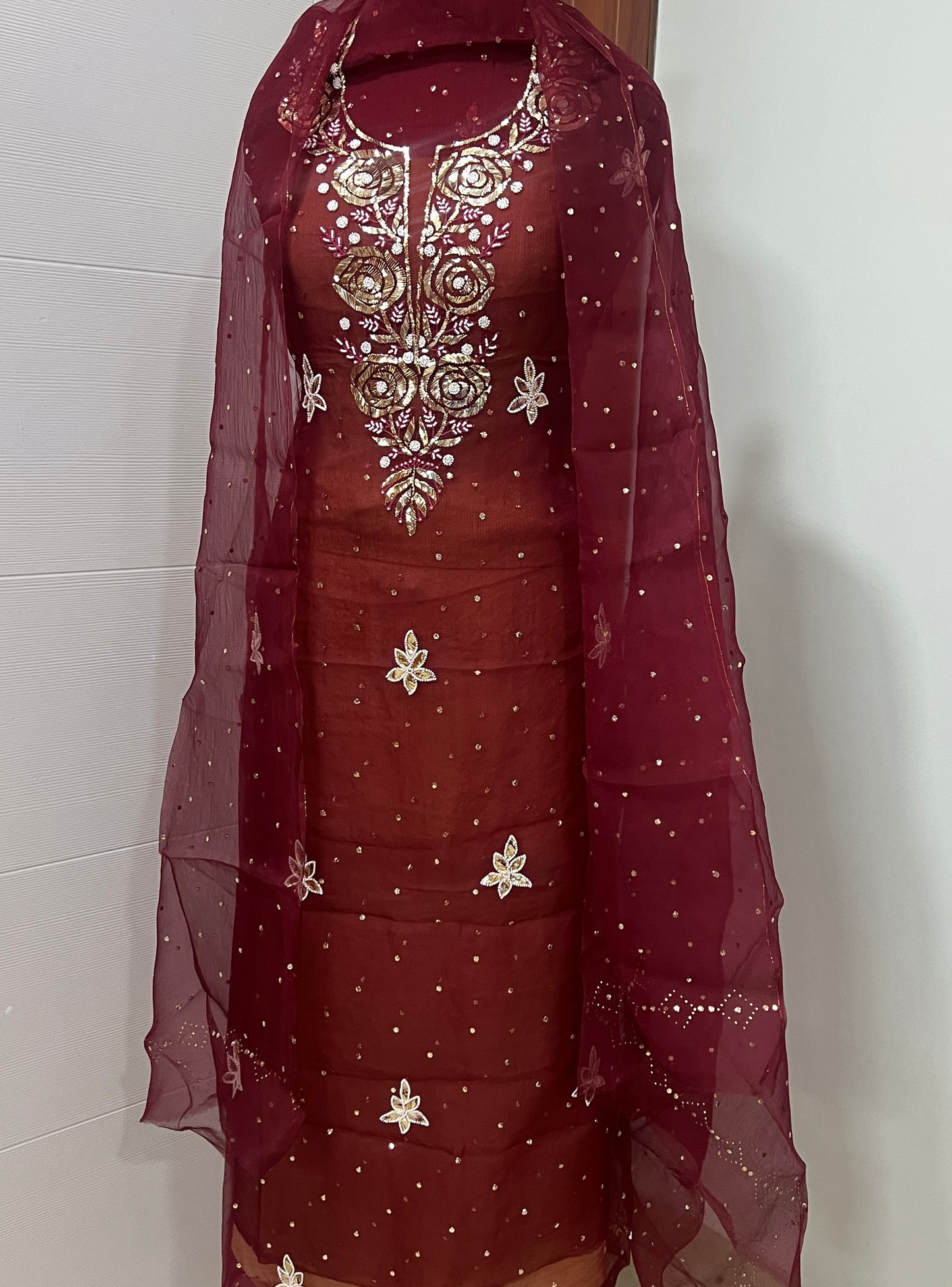 Maroon Badla and Mukaish work pure Organza kurta with dupatta