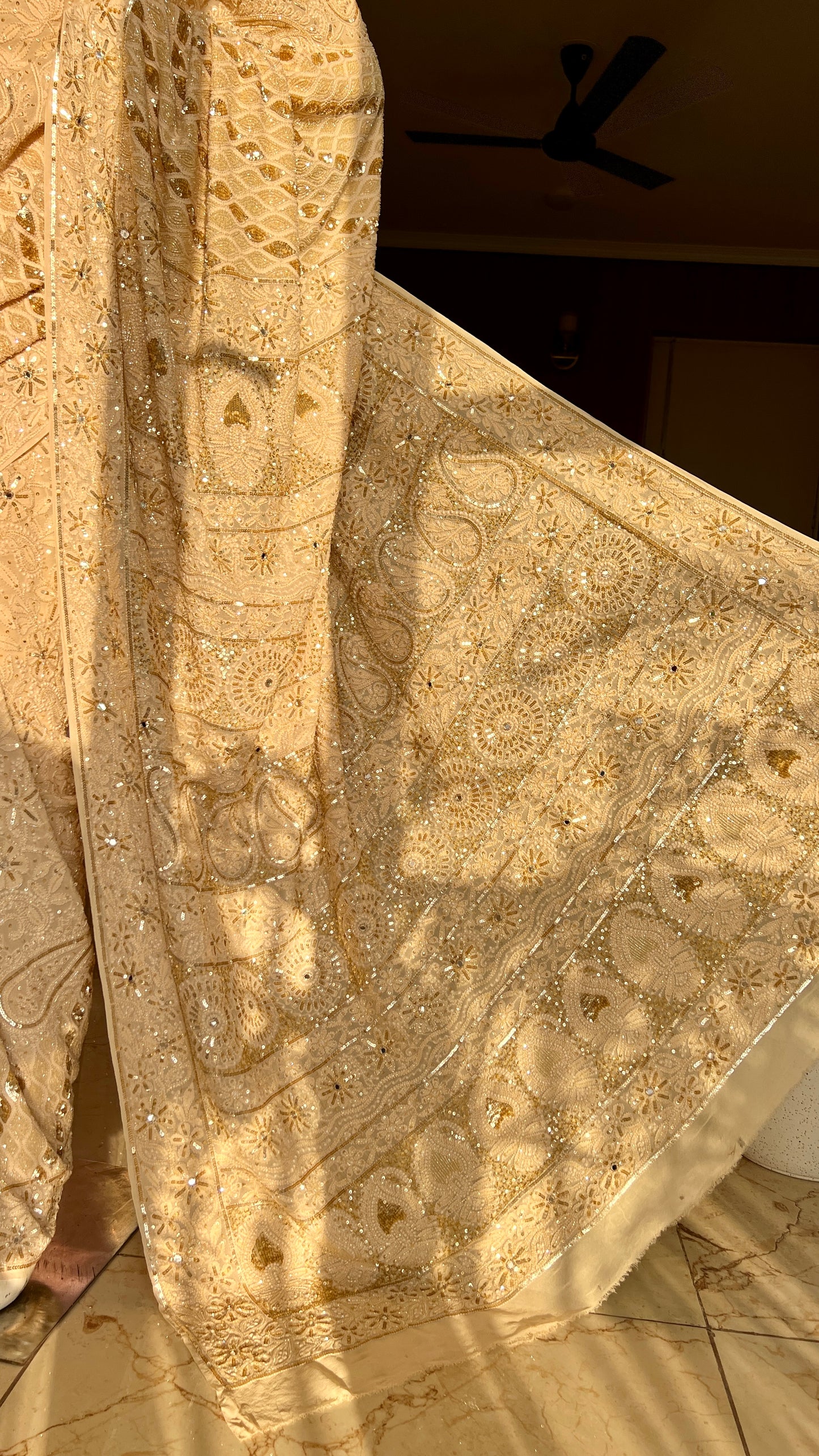 Ruhani Golden Beige Chikankari Sequins Cut Dana Embroidered Masterpiece Saree