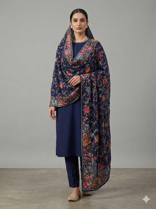 Navy Blue Multicolored Masterpiece Parsi Gara Dupatta