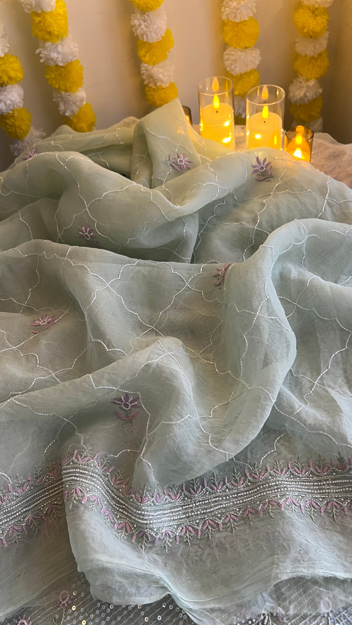 Ruhani Mint Green Chikankari & heavy Sequins pure Organza kurta with dupatta