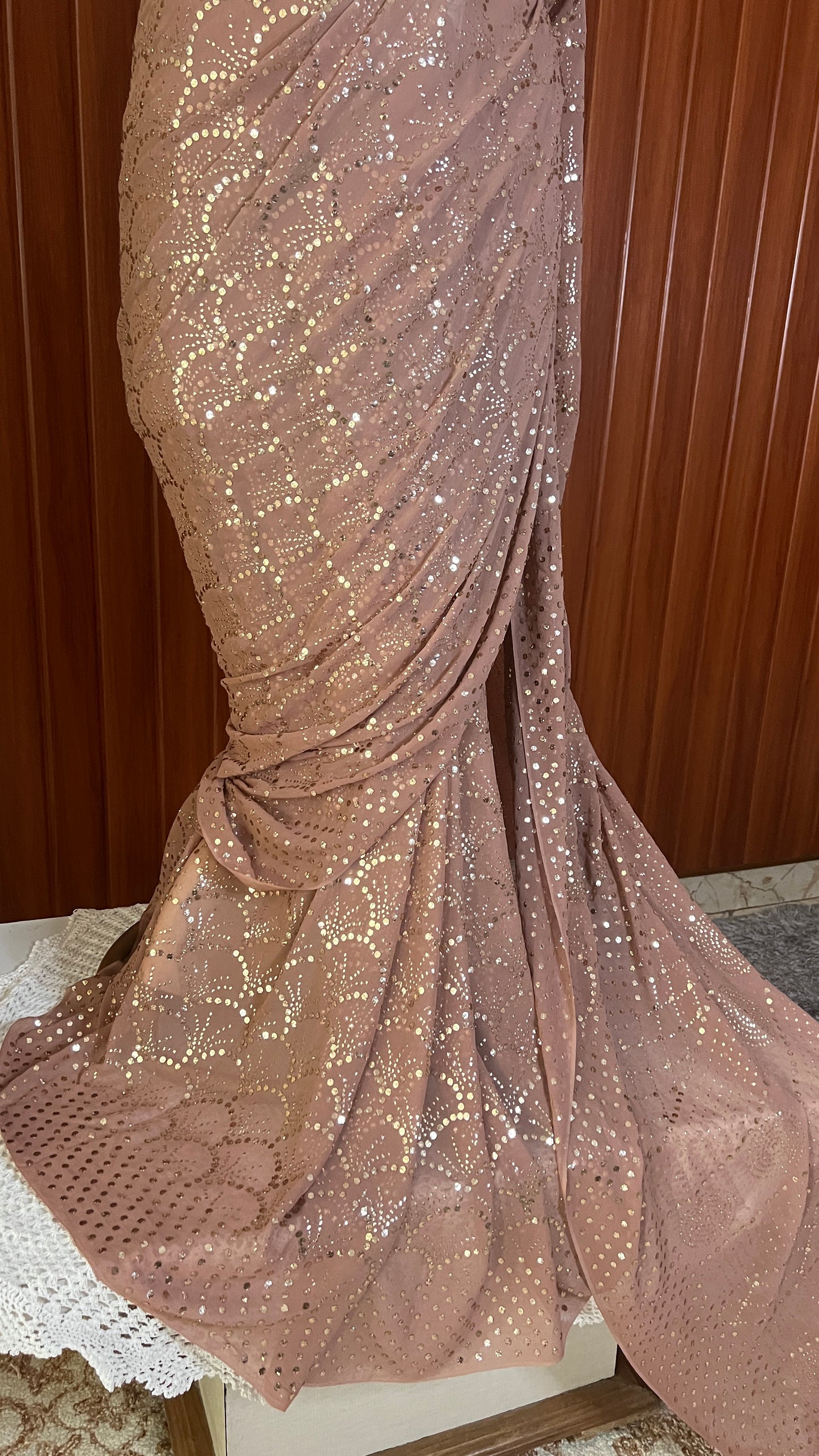 Ruhani Cocoa Brown Heavy Badla & Mukaish Pure Georgette Saree