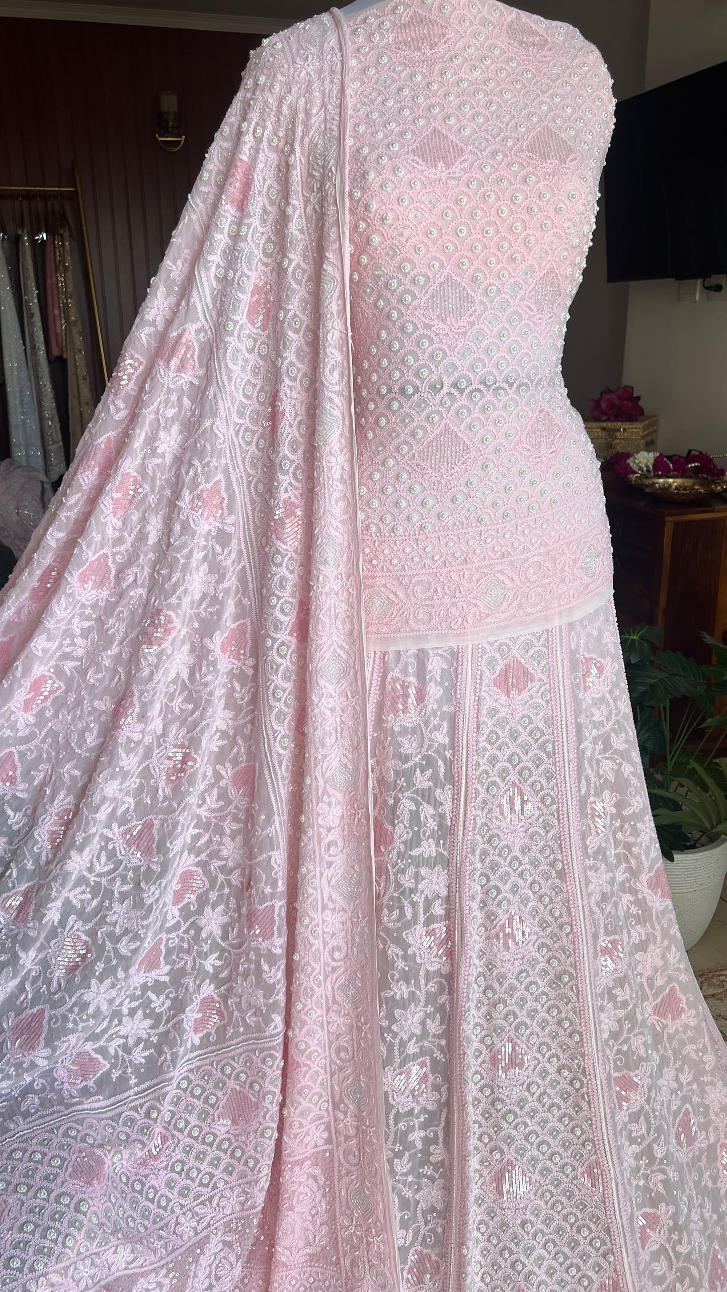 Ruhani Peachish Pink Chikankari Cut Dana Sequins Wedding Lehenga