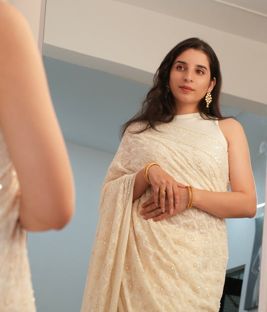 Suhaan Ivory Teen Taar Chikankari Heirloom Saree