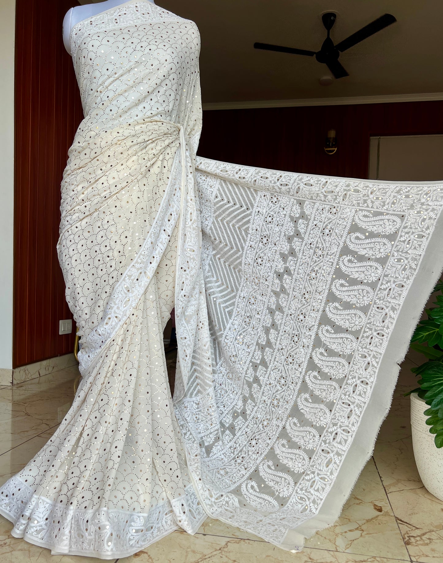 Ruhani Ivory Allover Designer Mukaish and Chikankari Saree