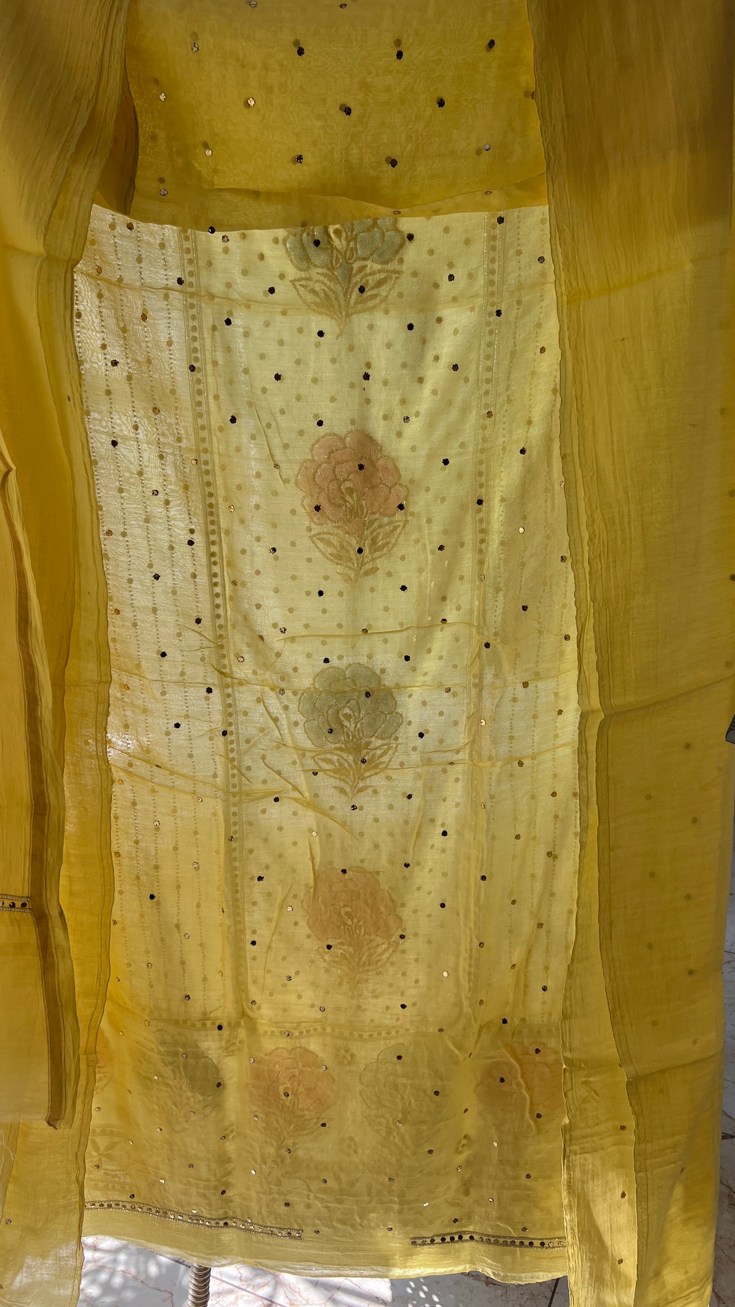 Yellow mukaish and Cut Dana Kurta and Dupatta