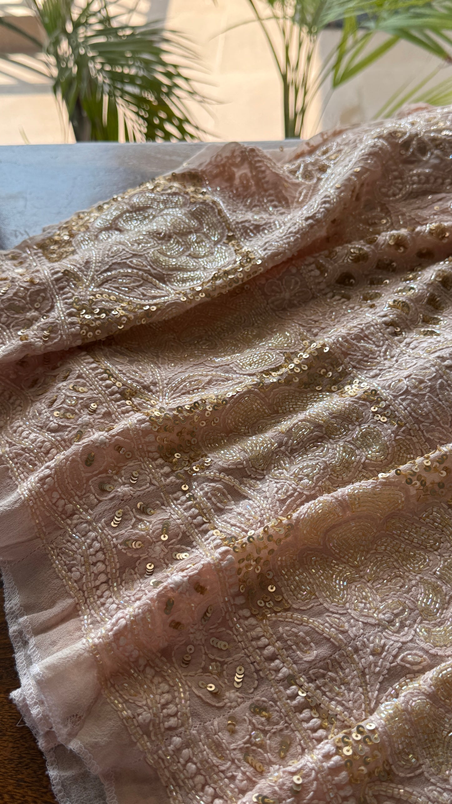 Ruhani Dusty Peach Chikankari Sequins and Cut Dana Anarkali