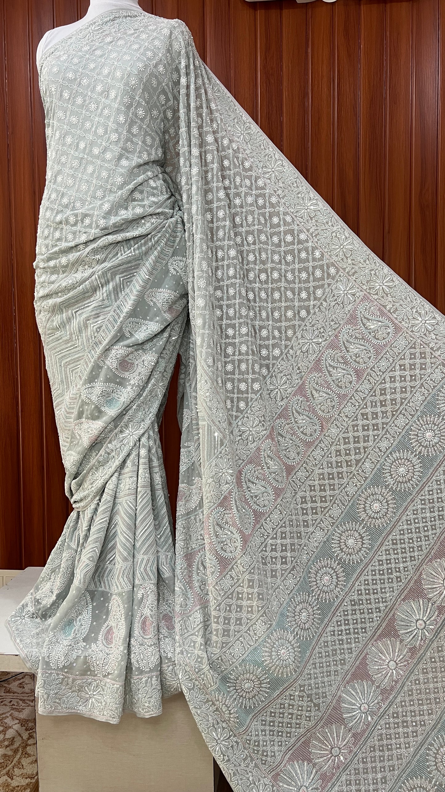 Ruhani Sage Blue Chikankari Cut Dana and Sequins Saree