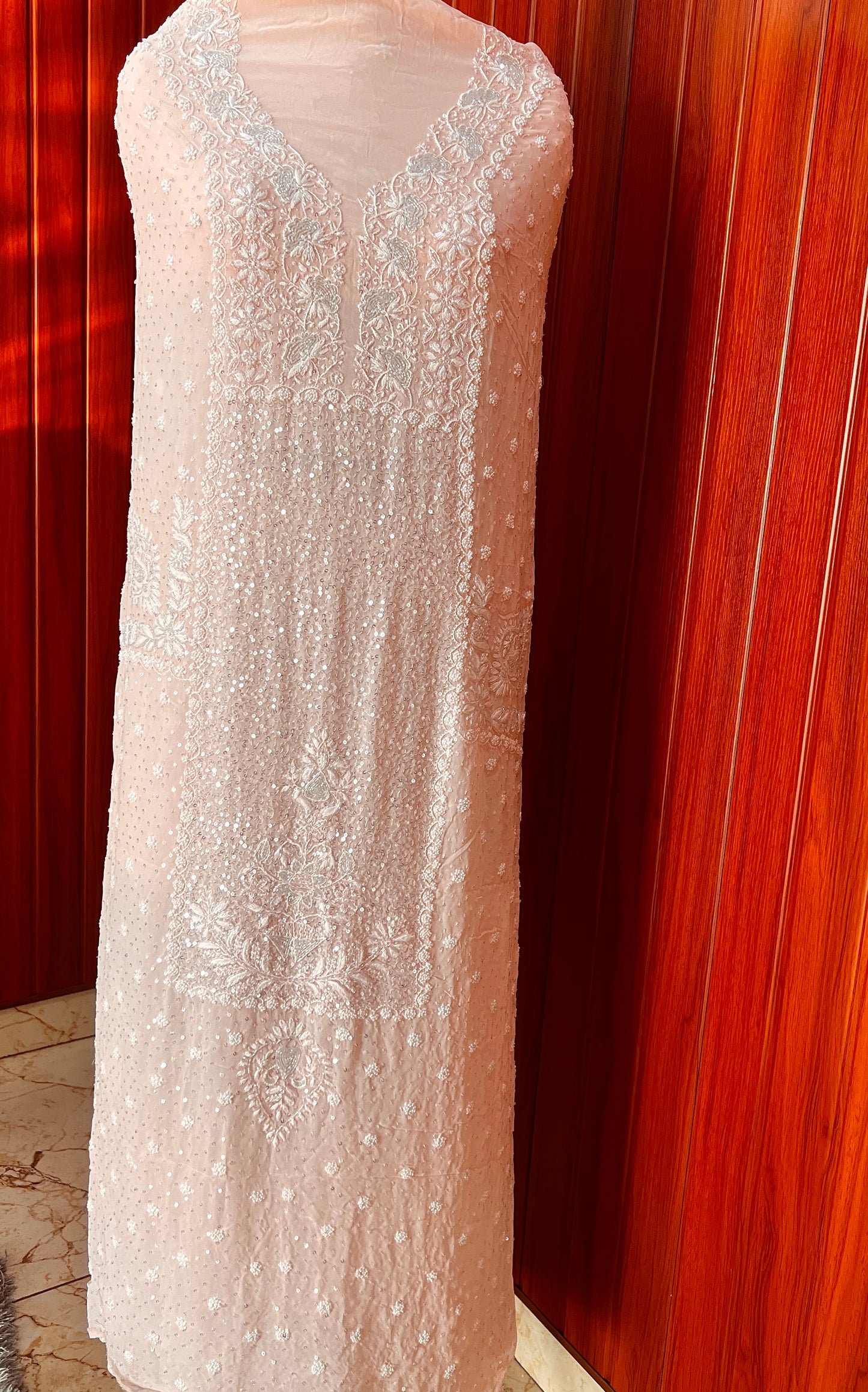Ruhani Peach Suit with Chikankari Sequins Pearl and Cut Dana