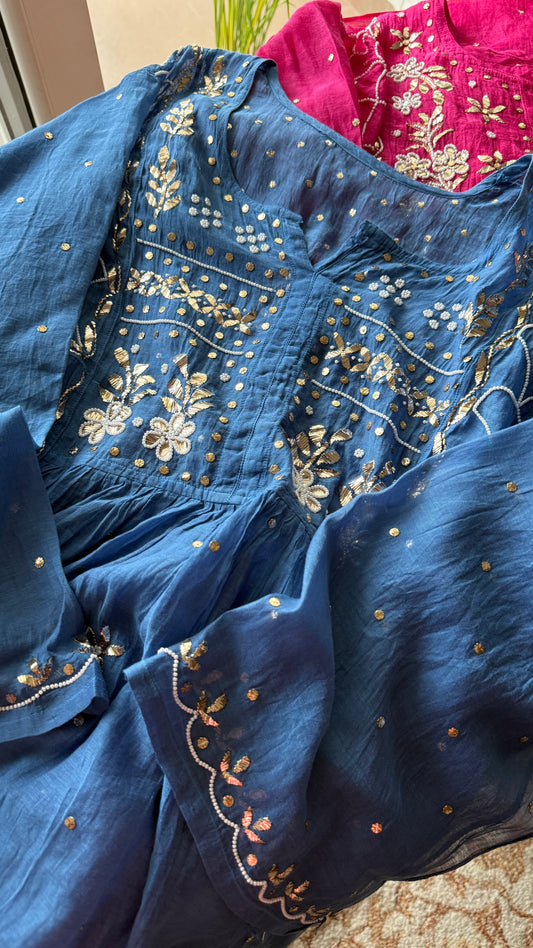 Blue Badla Mukaish and pearl work Mul Chanderi Sharara Suit