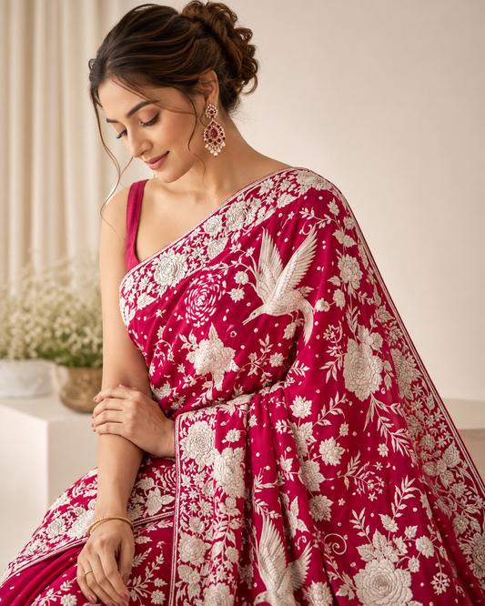 Ruby Pink Masterpiece Parsi Gara Pure Crepe Saree