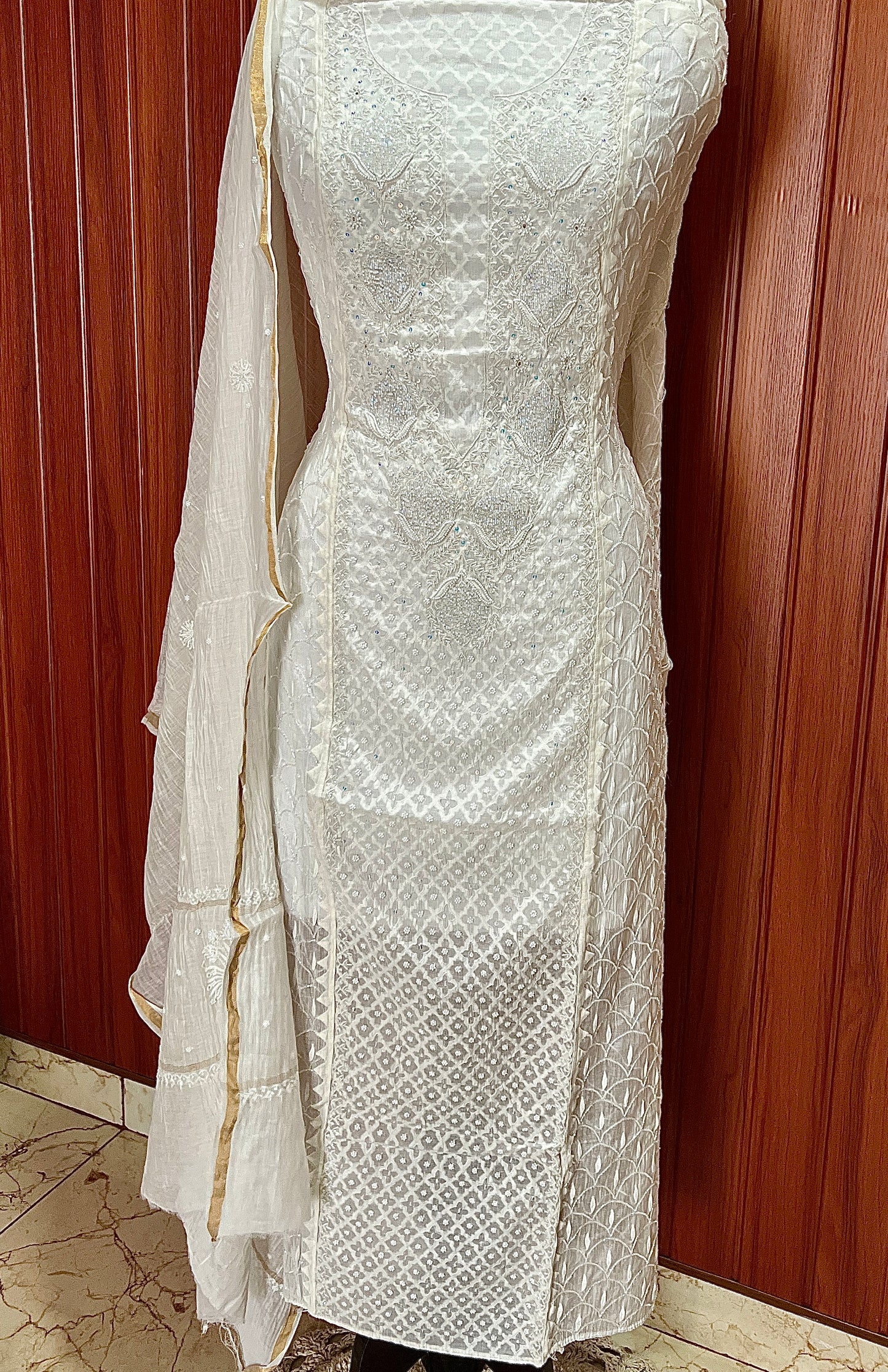 Ivory pearl and cut dana work mulmul kurta with dupatta