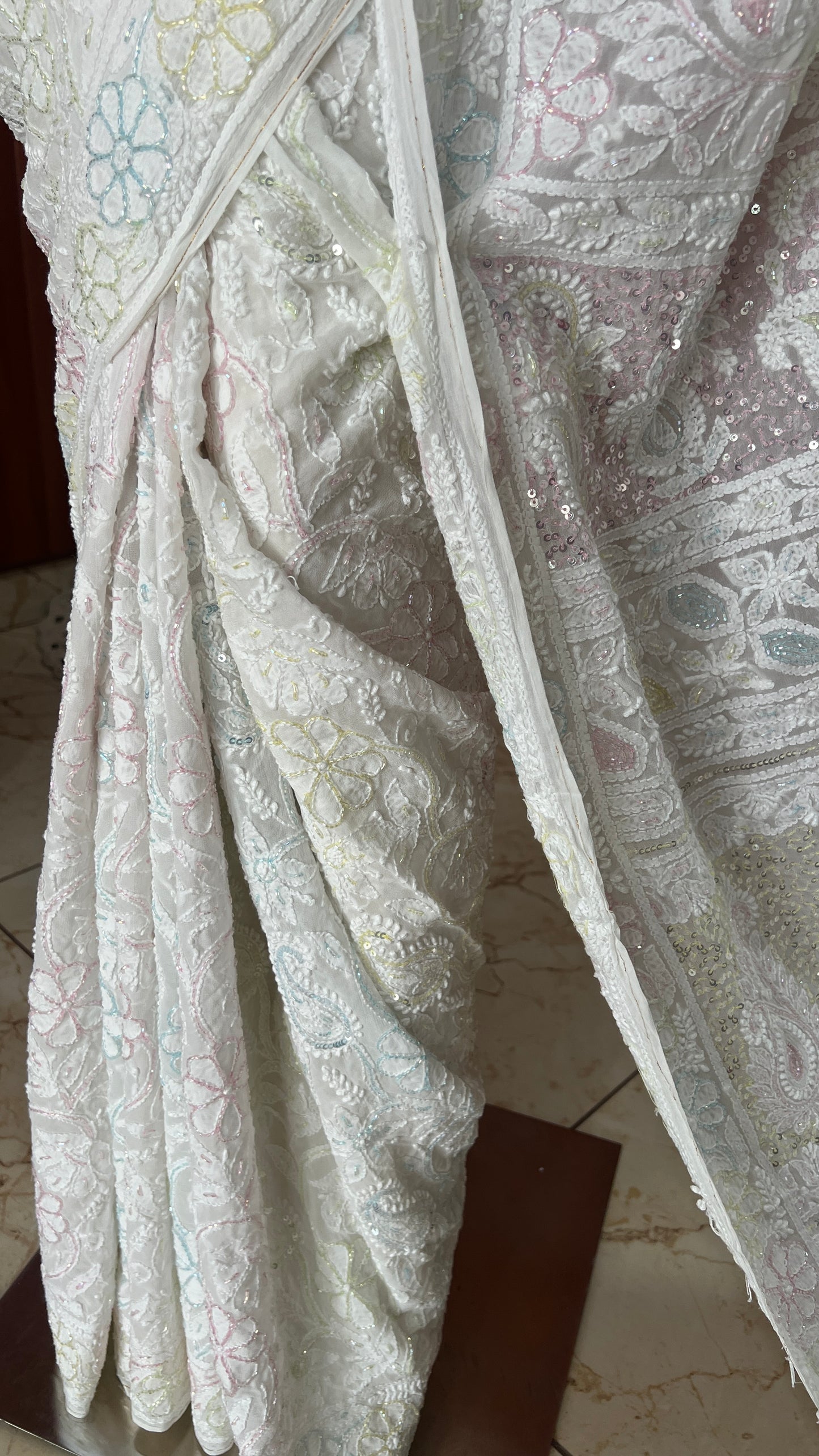Ruhani White Chikankari and Multicolored Cut Dana Sequins Saree