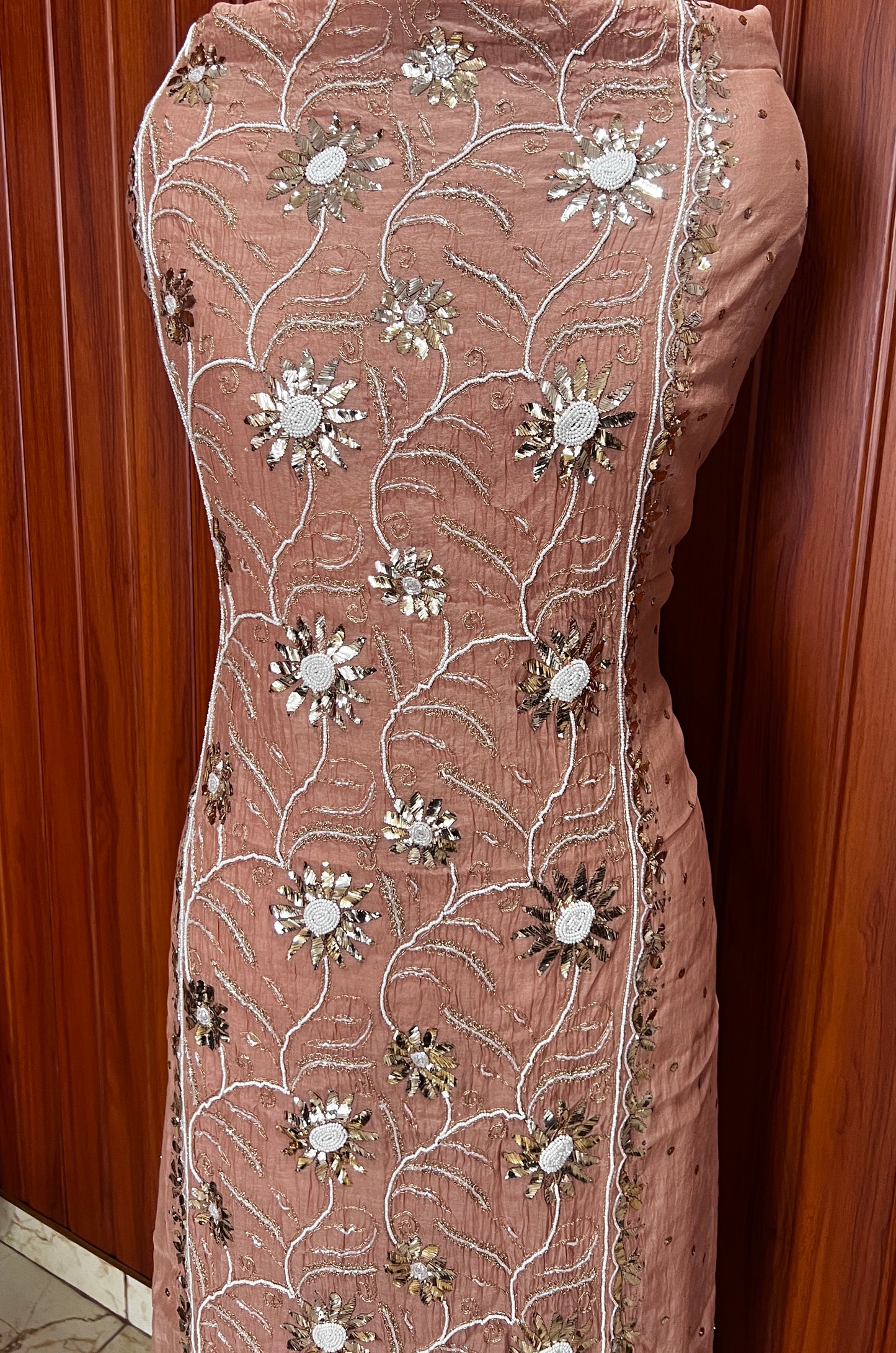 Cocoa brown Badla Mukaish and pearl work mulmul kurta with dupatta