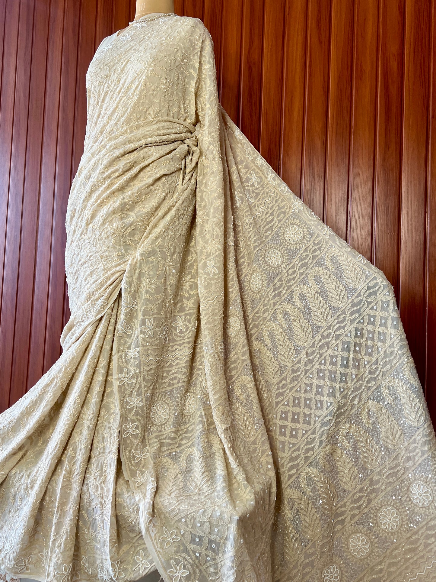 Beige Chikankari Pearl Cut Dana and Sequins Saree