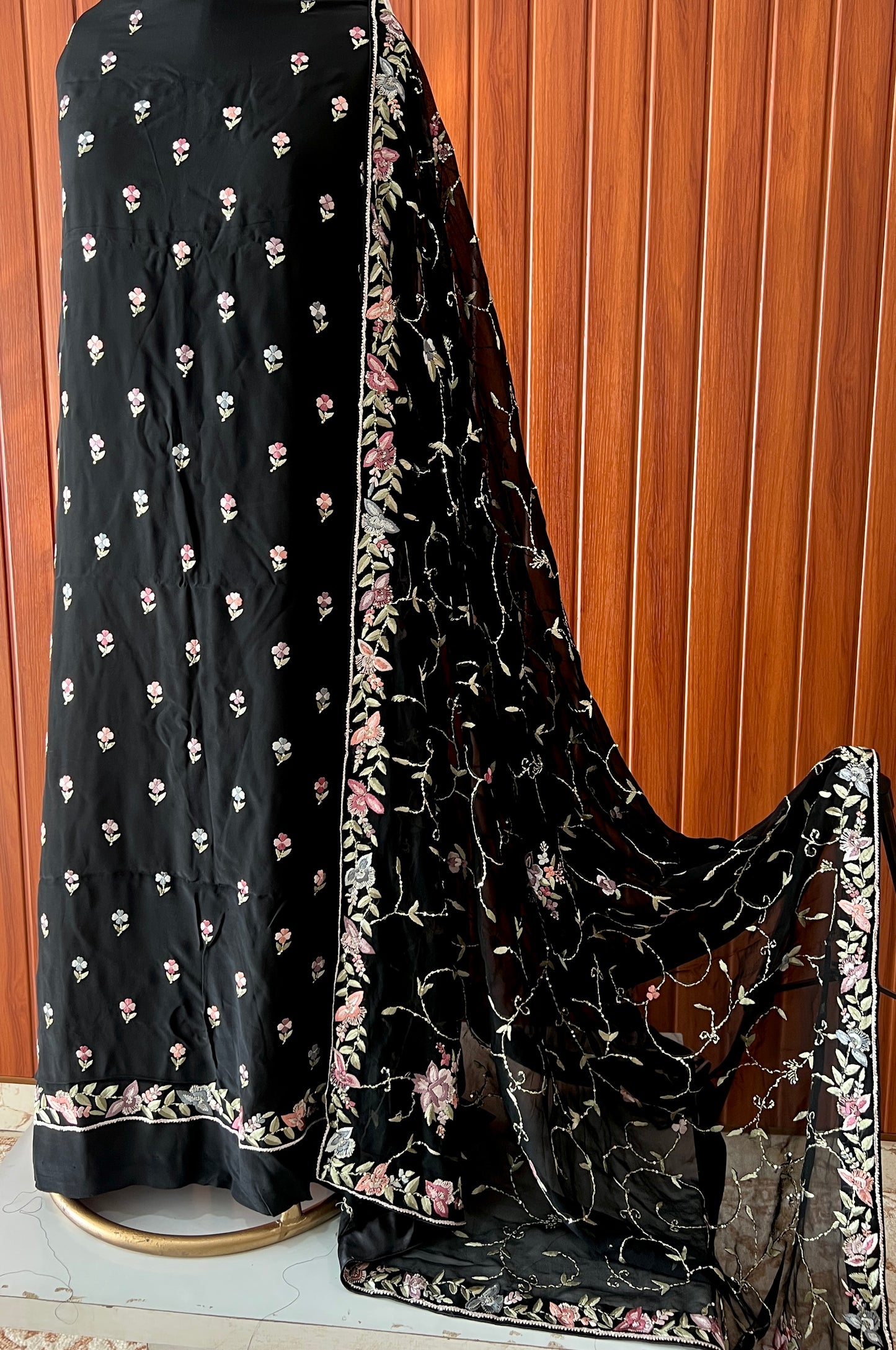 Black hand embroidered parsi gara pure crepe full suit