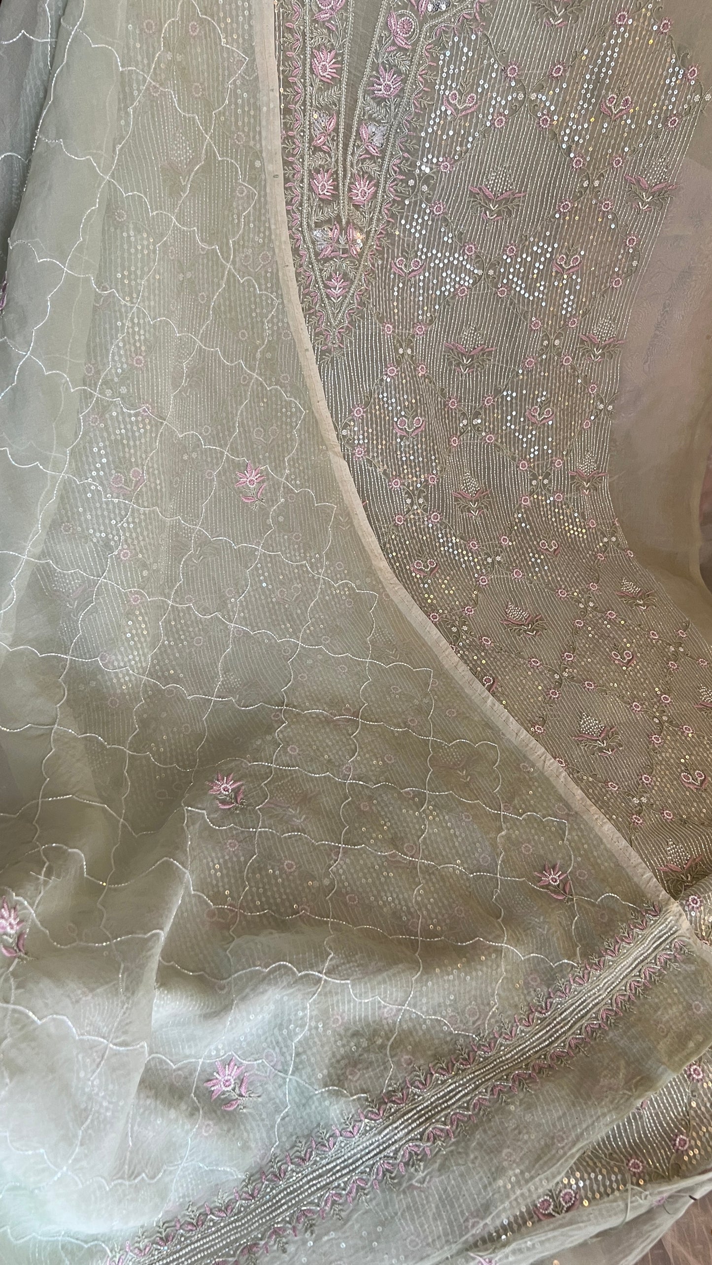 Ruhani Mint Green Chikankari & heavy Sequins pure Organza kurta with dupatta