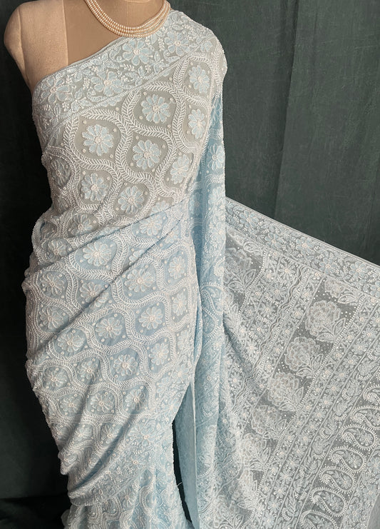 Ruhani Breezy Blue Chikankari Cut Dana and Pearl embroidered Saree
