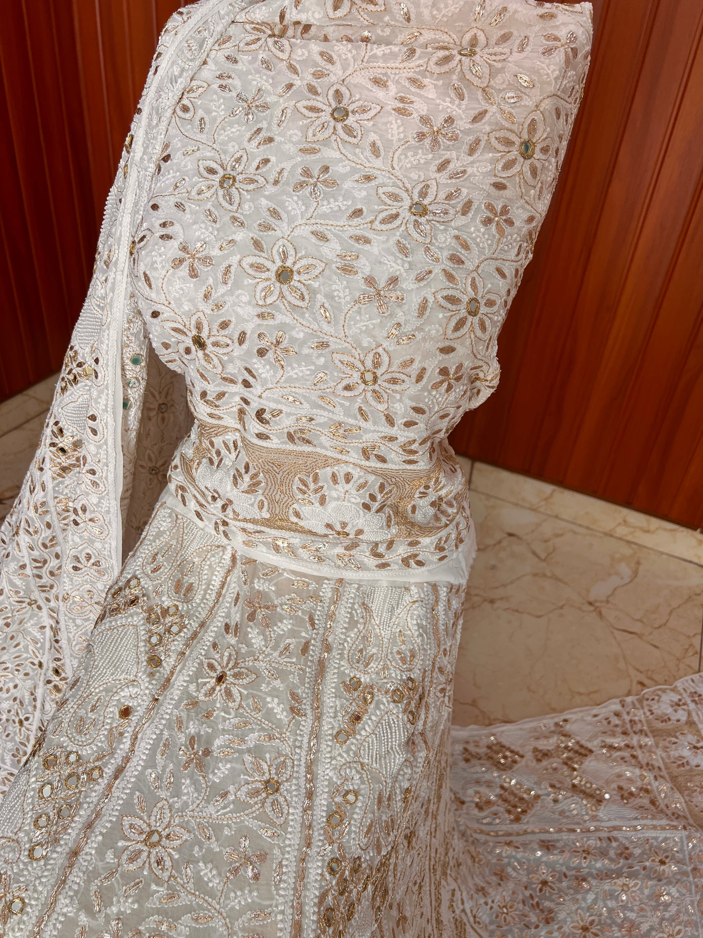 Ruhani White Chikankari Mirror and Gota Patti Georgette Lehenga Set
