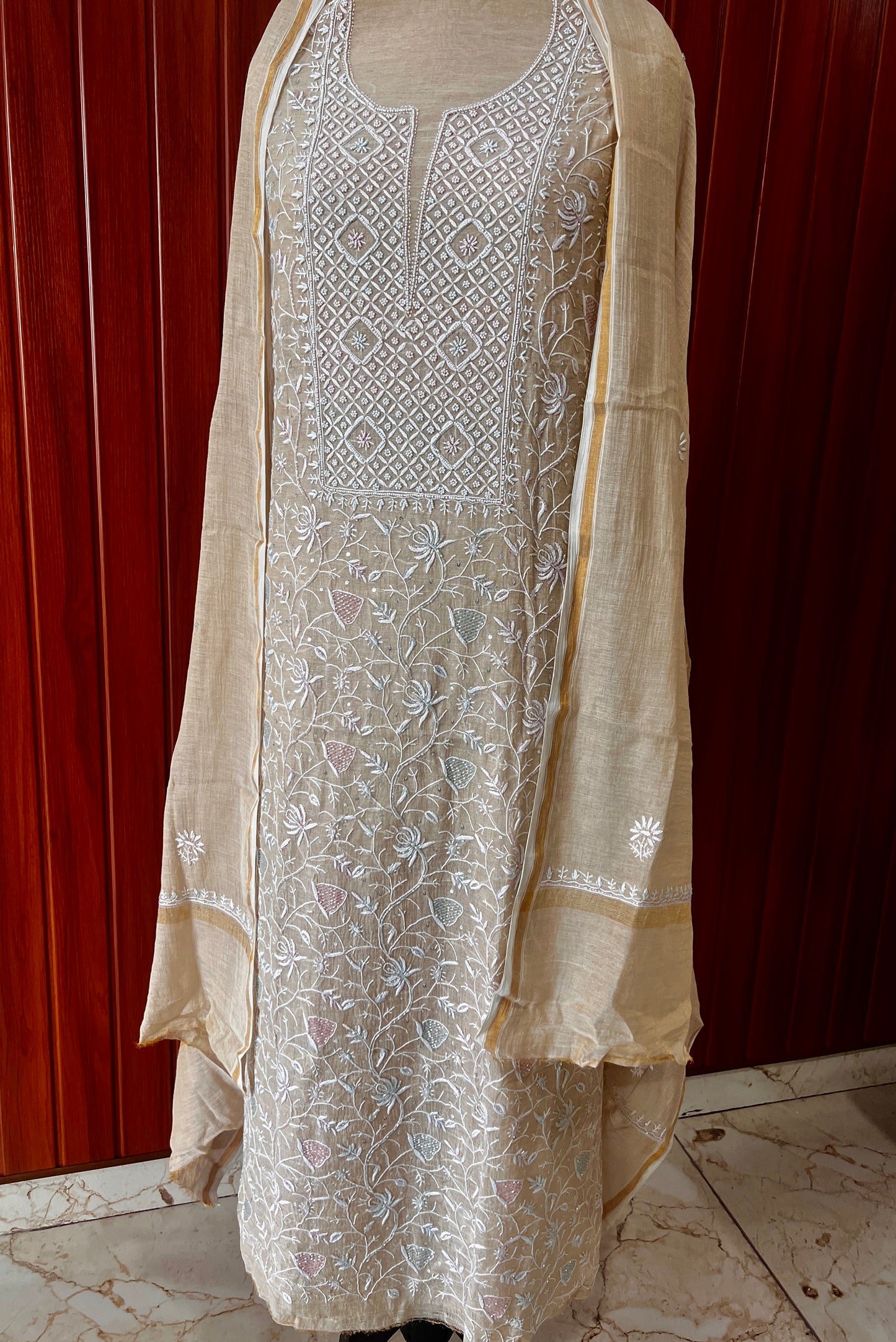 Pure Tissue Chikankari and pearl embroidered kurta and dupatta