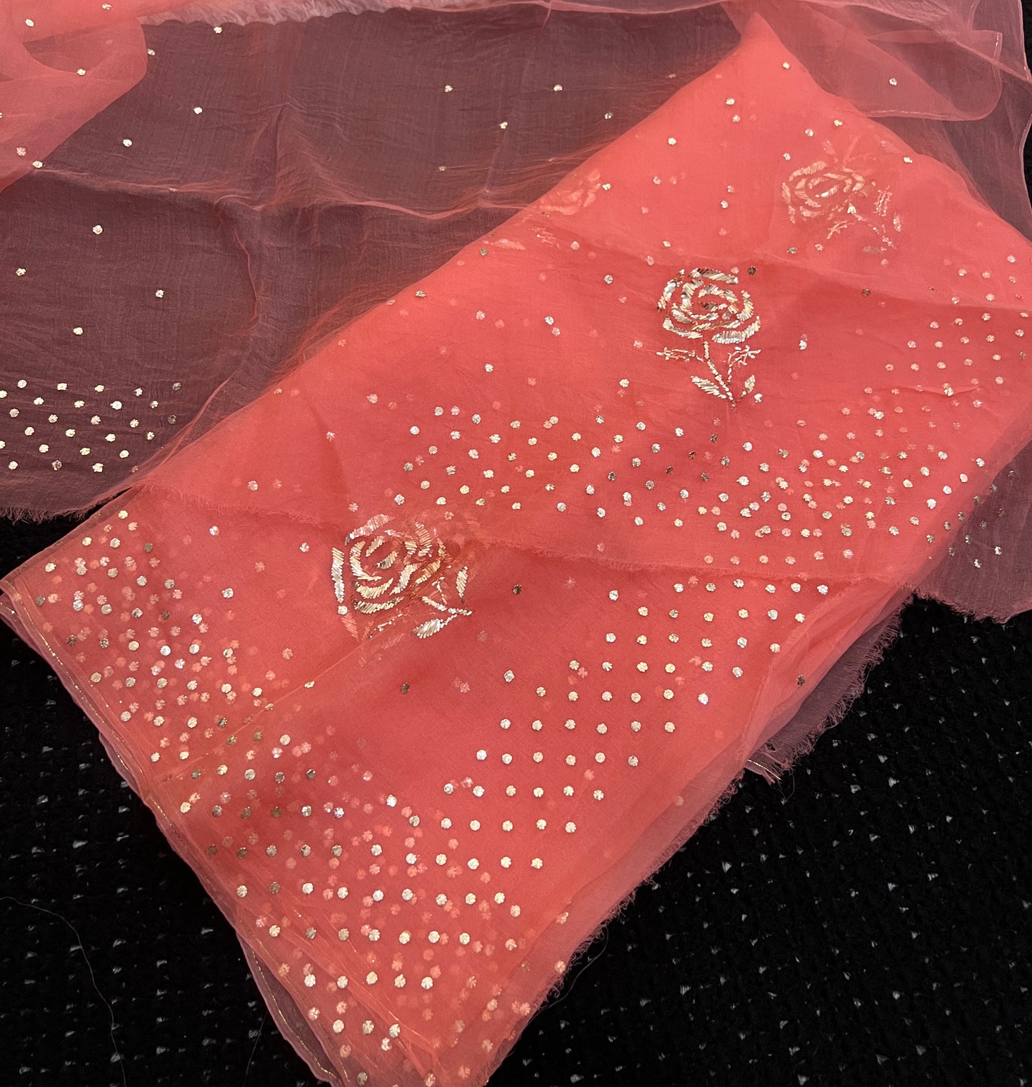 Coral Orange Pure Organza Saree with Badla and Mukaish Work