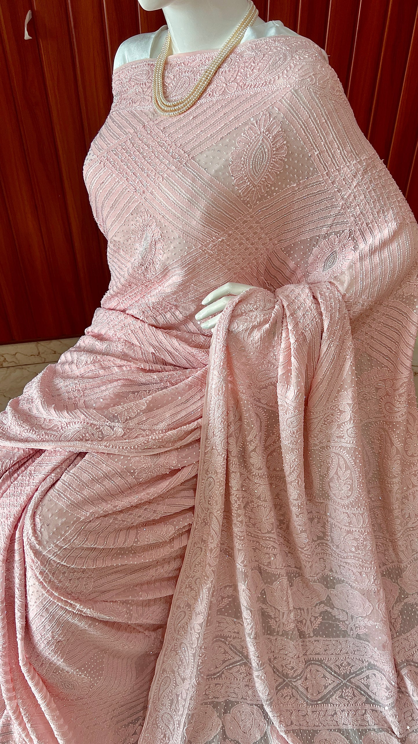 Ruhani Blush Pink Chikankari and Cut Dana Saree