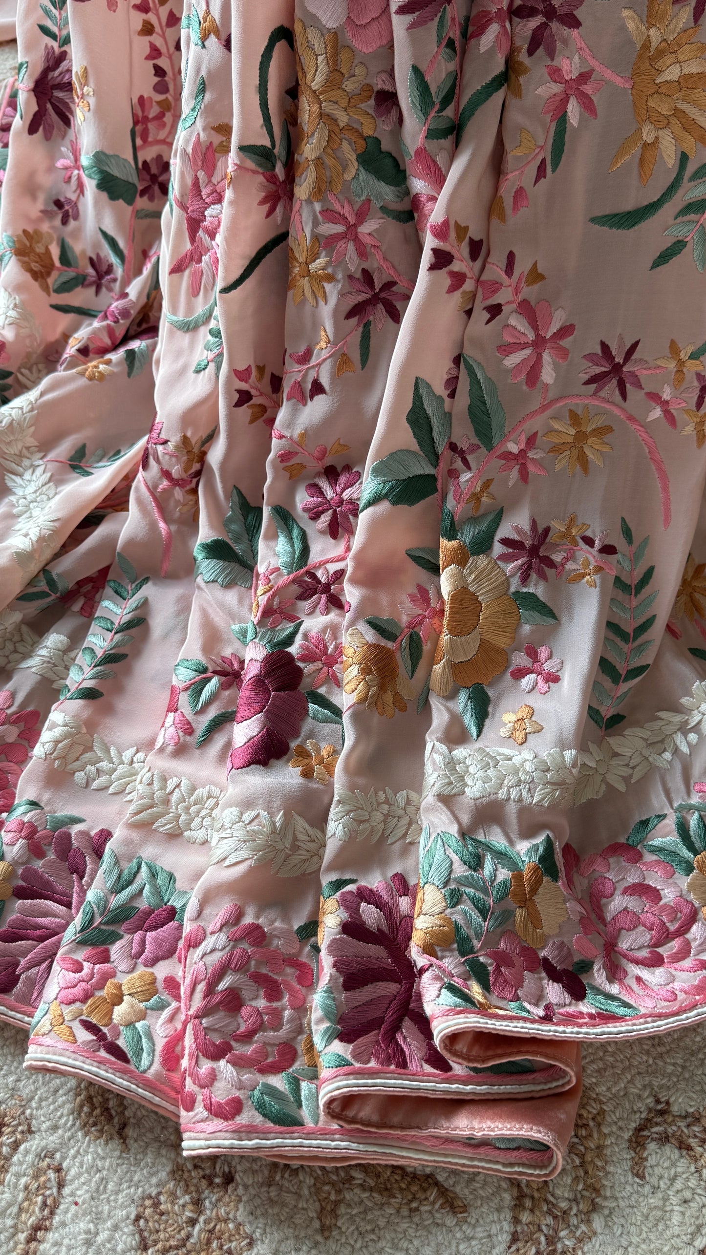 Blush Peach floral Masterpiece Parsi Gara Pure Crepe Saree