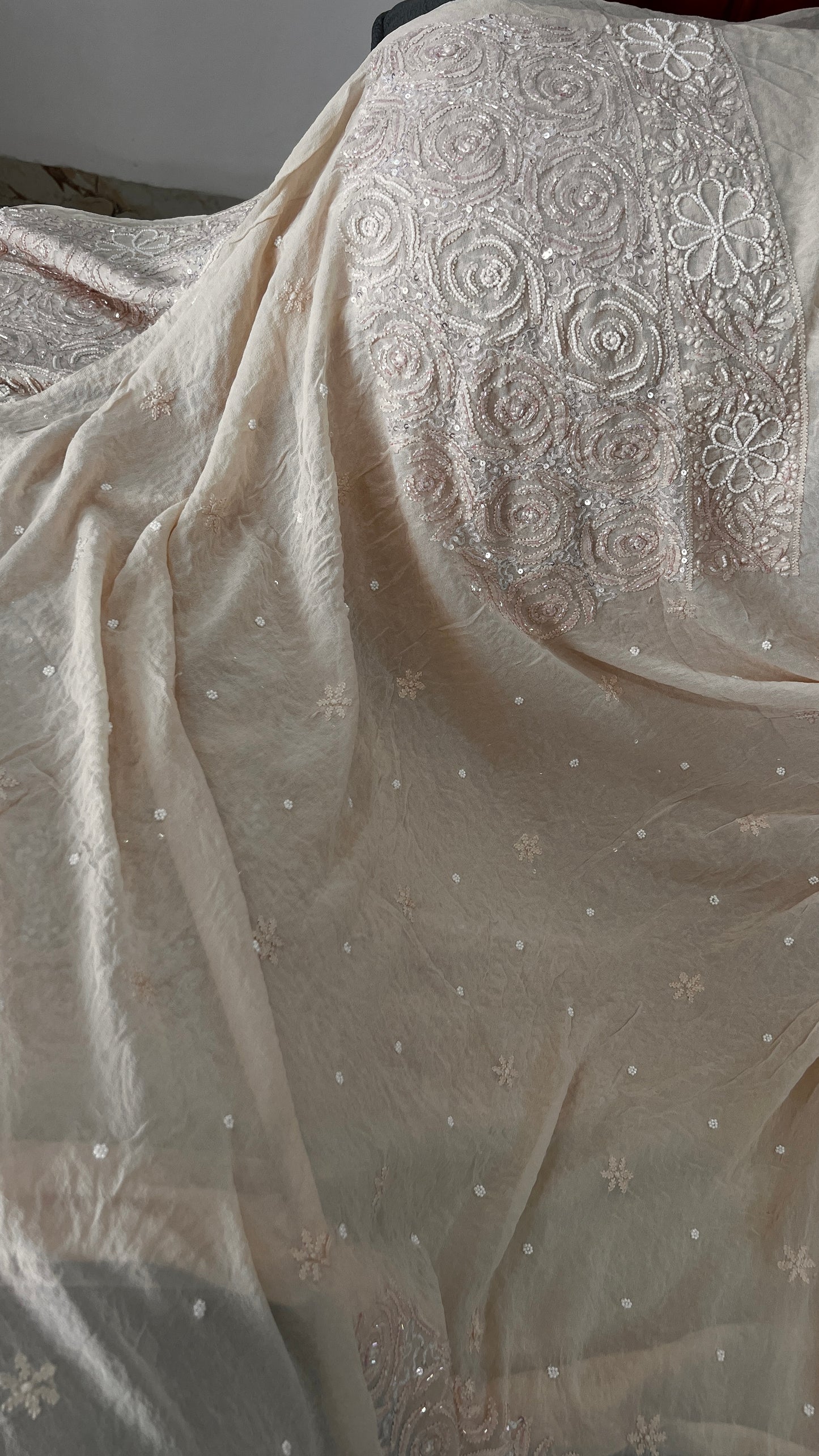 Ruhani Beige Chikankari Cut Dana and Sequins Saree