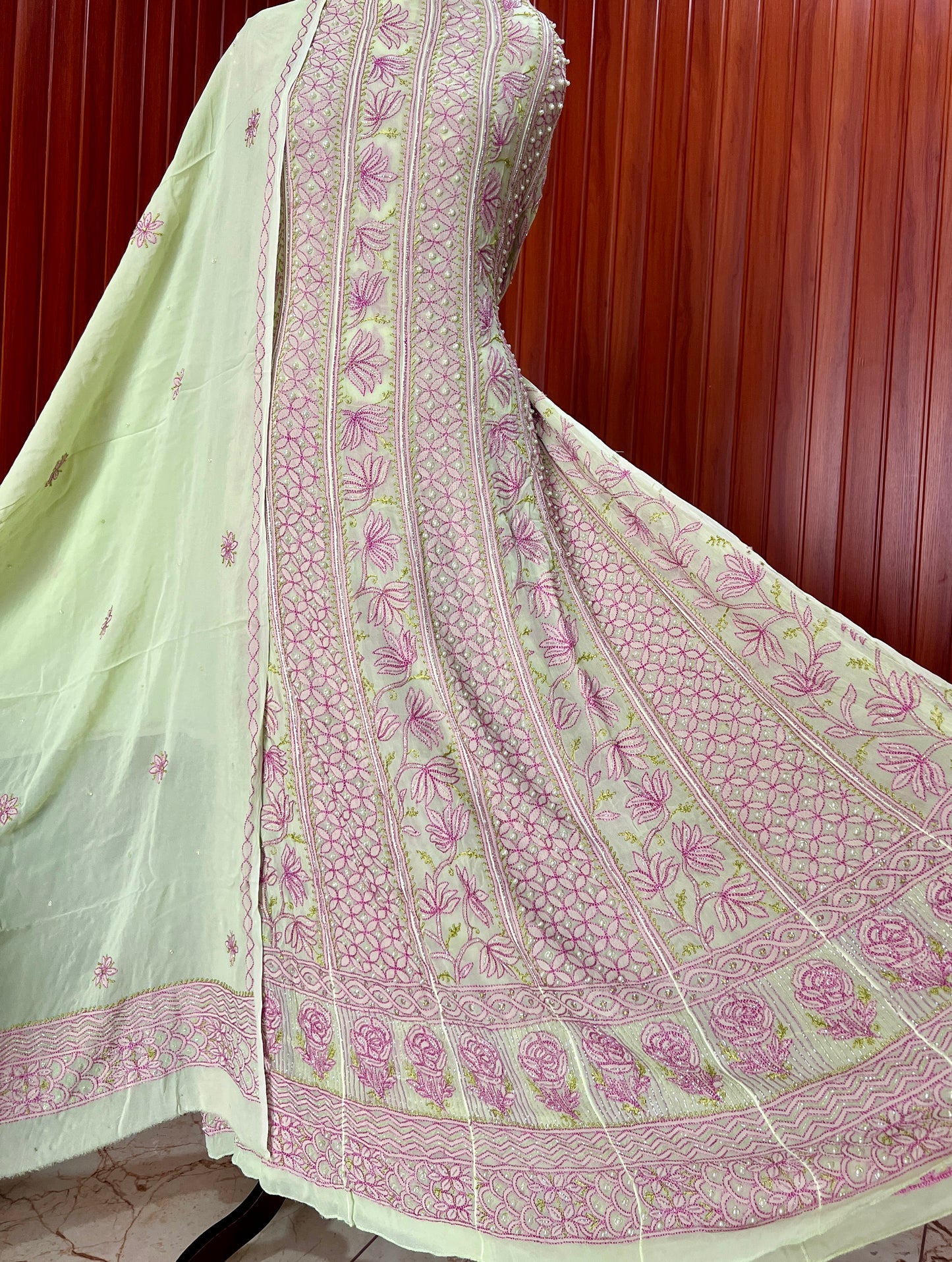 Pista Green Resham Chikankari Pearl Embroidered Anarkali with Dupatta