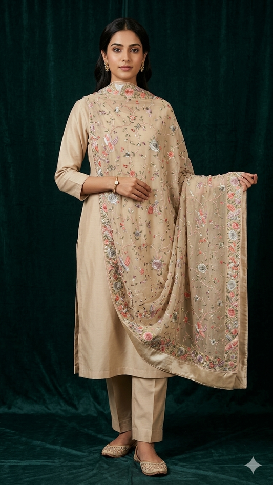 Beige Parsi Gara Hand Embroidered Dupatta