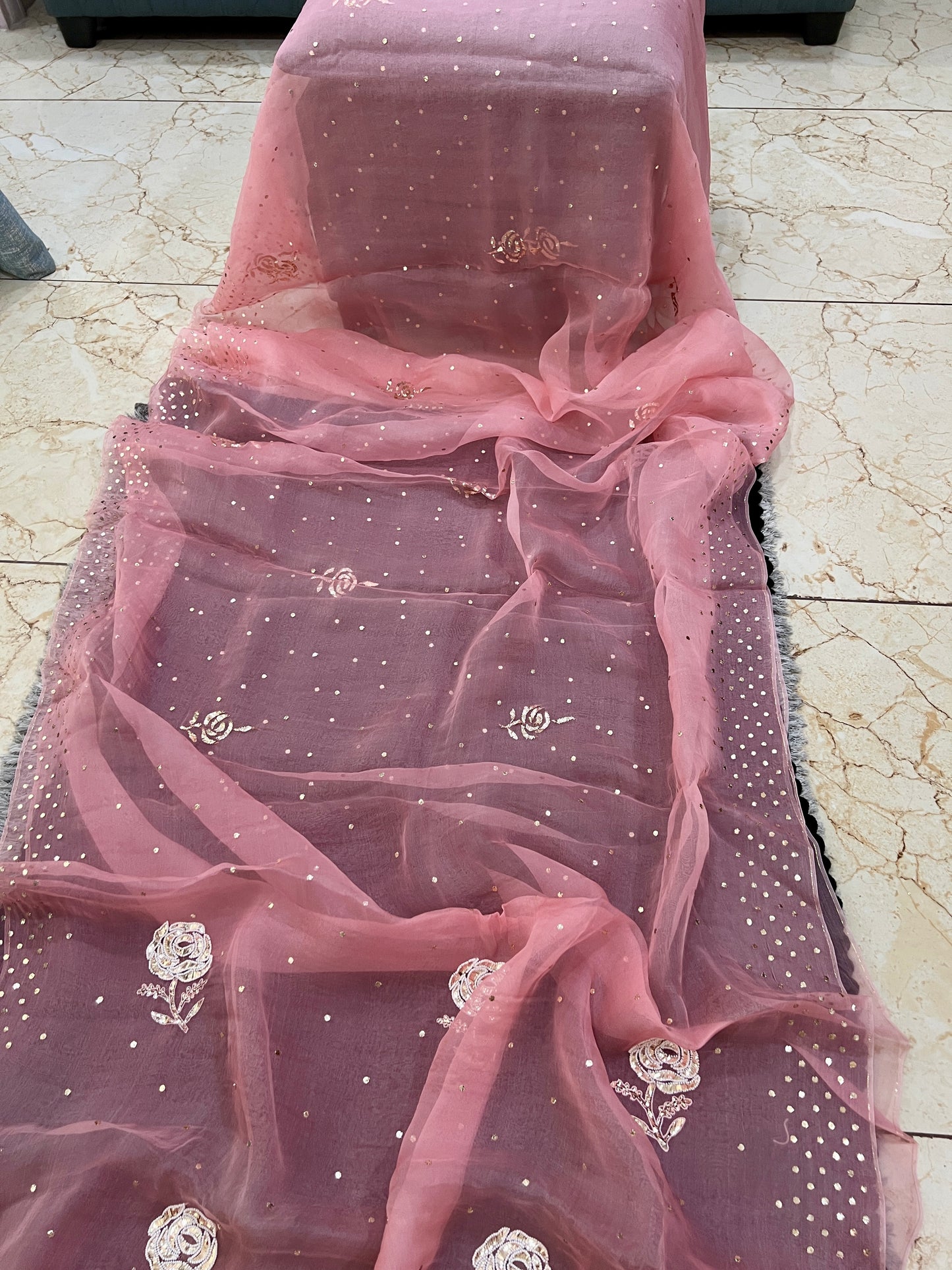 Rose Pink Pure Organza Saree with Pearl Badla and Mukaish Work