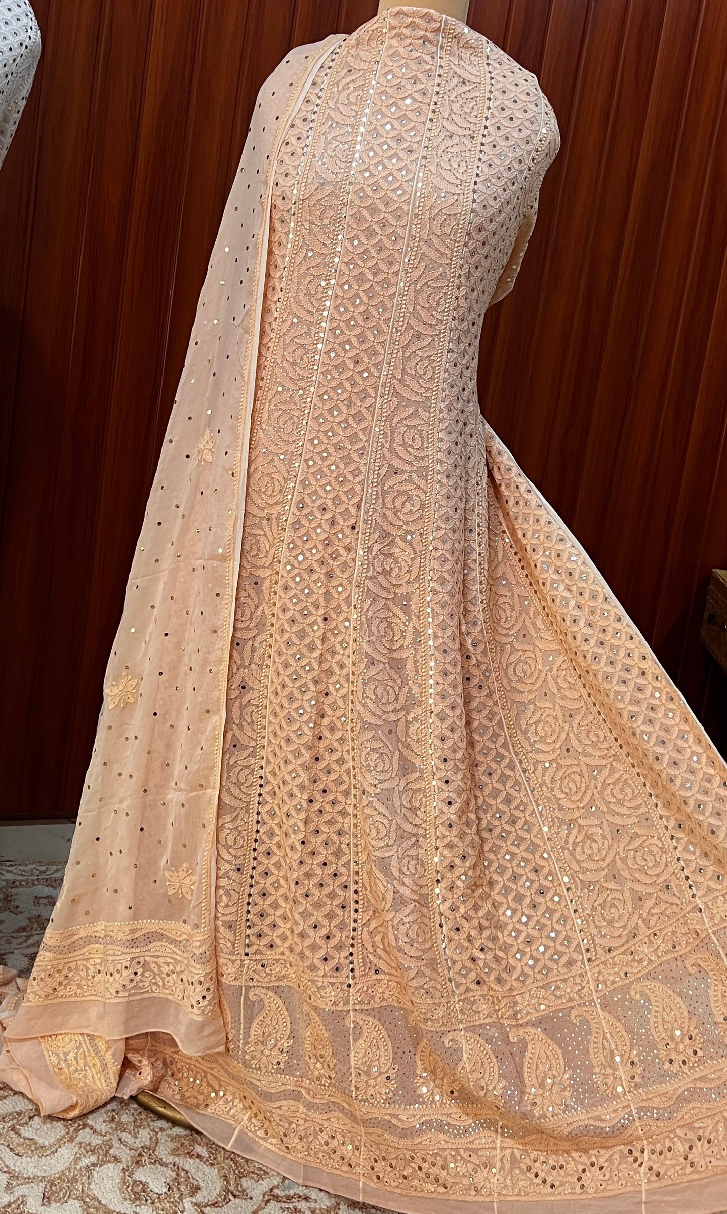 Dusty peach allover Chikankari and mukaish anarkali with dupatta