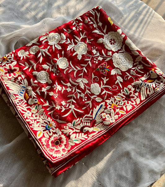 Red masterpiece Parsi Gara Dupatta Hand Embroidered